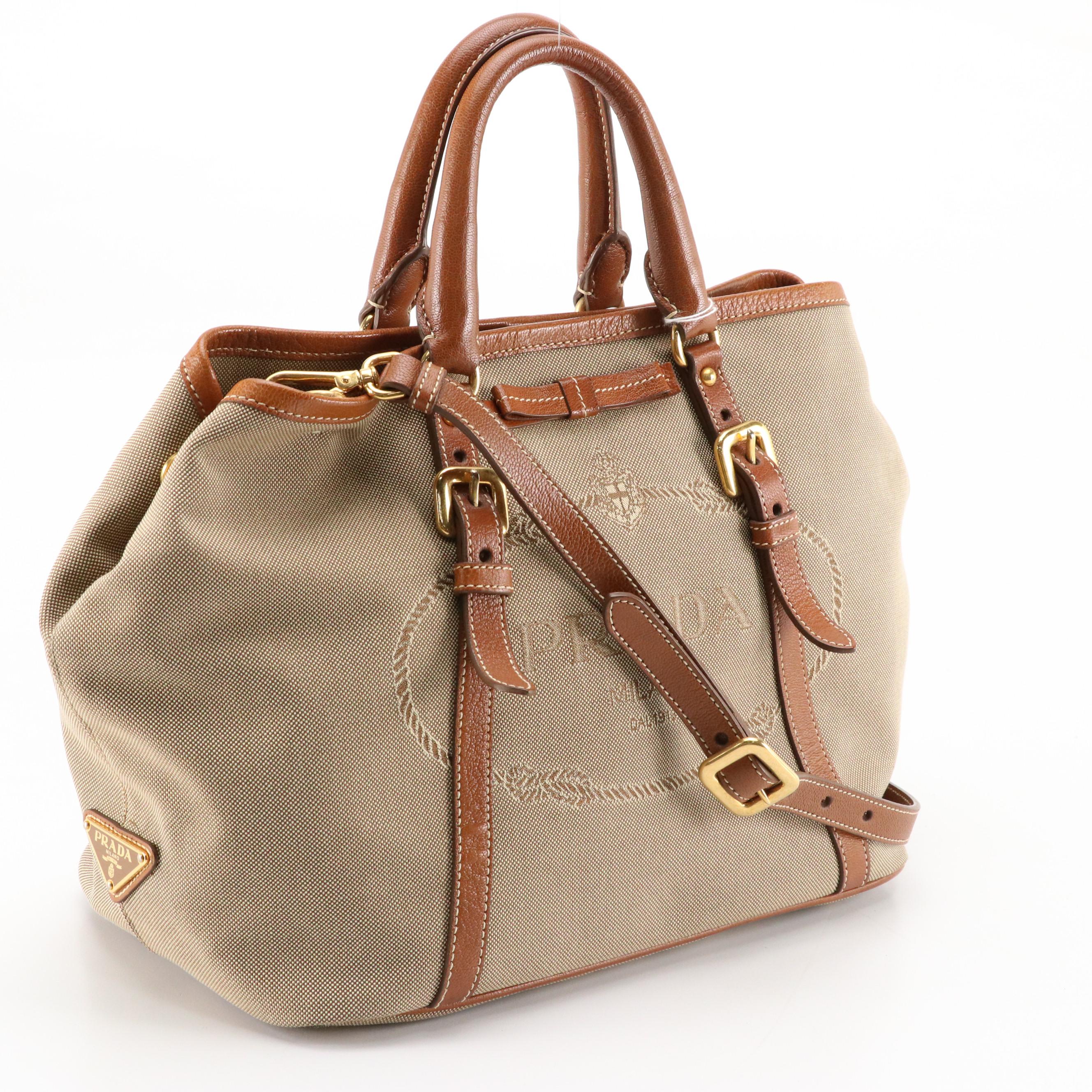 Prada Canapa Logo Jacquard and Leather Two-Way Bag