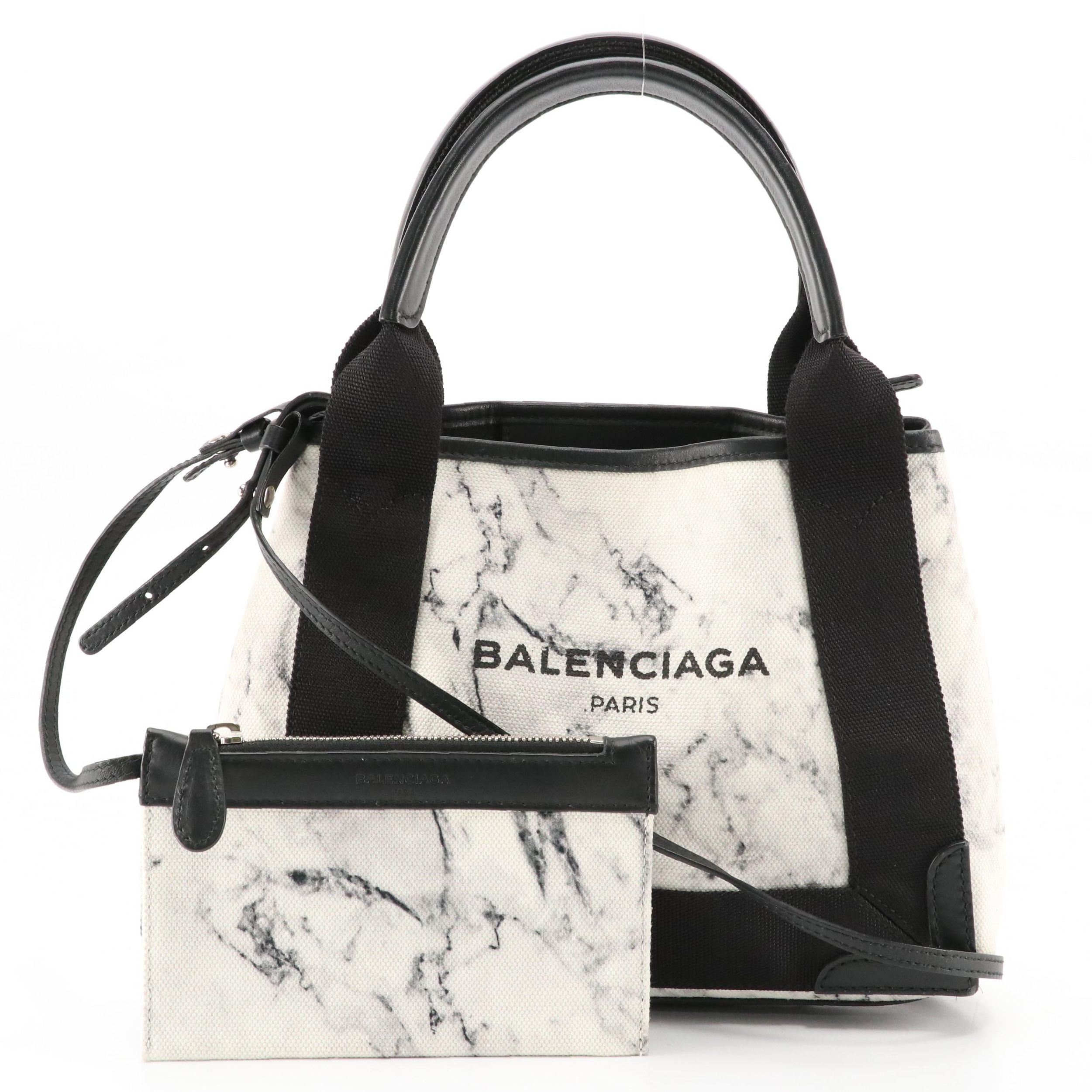 Balenciaga Marble Cabas Canvas and Leather Two-Way Bag with Zip Pouch
