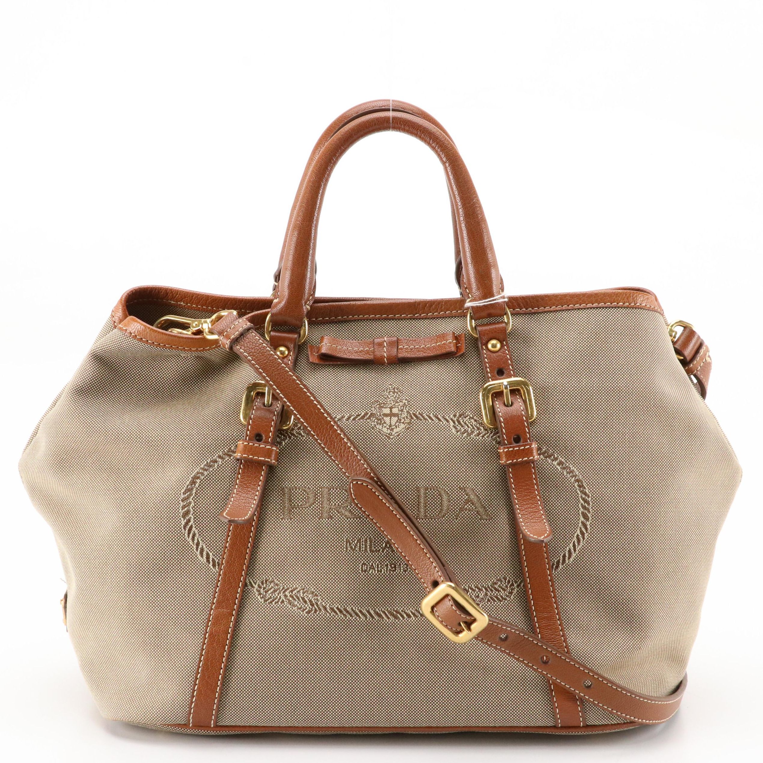 Prada Canapa Logo Jacquard and Leather Two-Way Bag