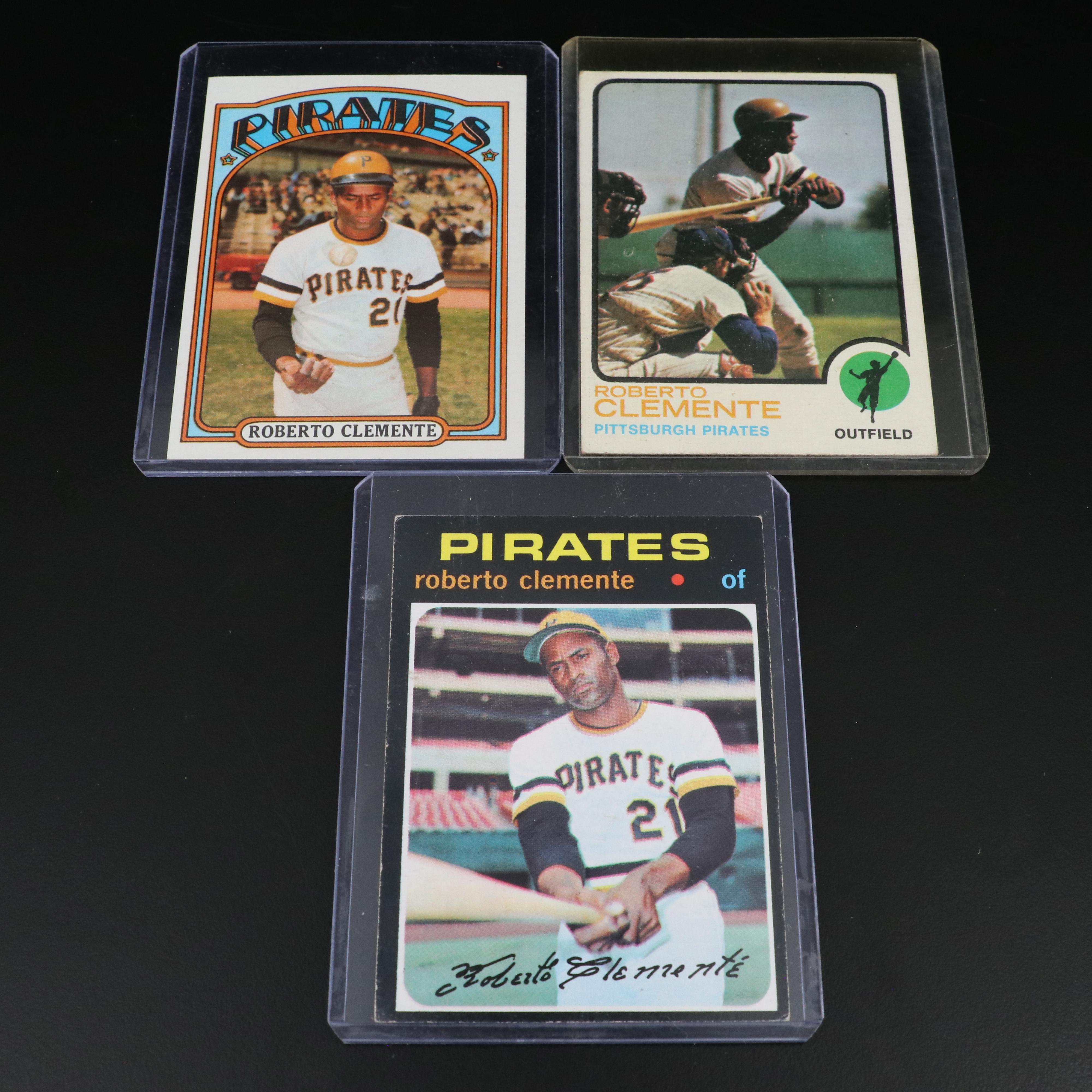 Three Roberto Clemente Topps Baseball Cards, 1971, 1972, and 1973