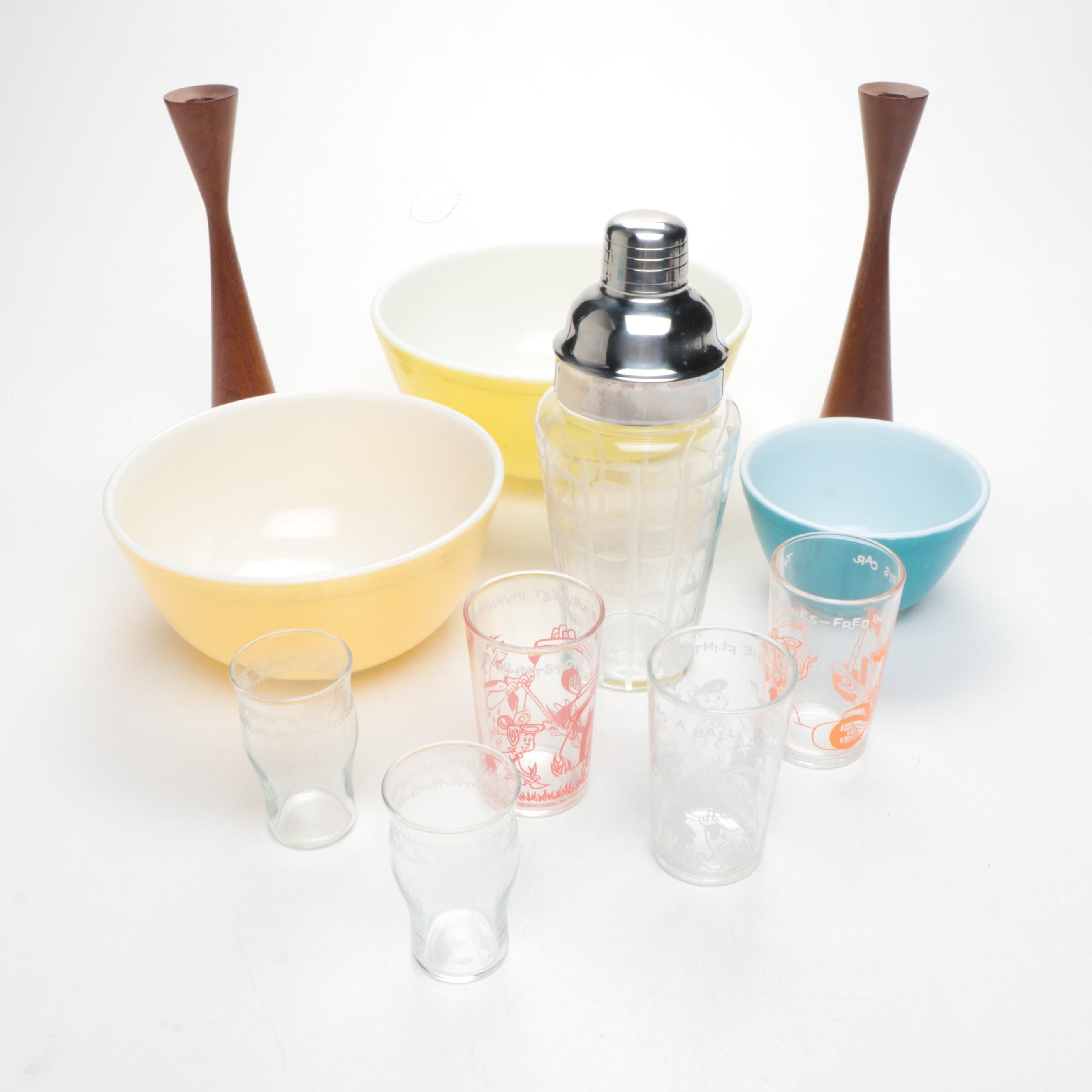Pyrex Mixing Bowls, Candlesticks, Cocktail Shakers with Tumblers