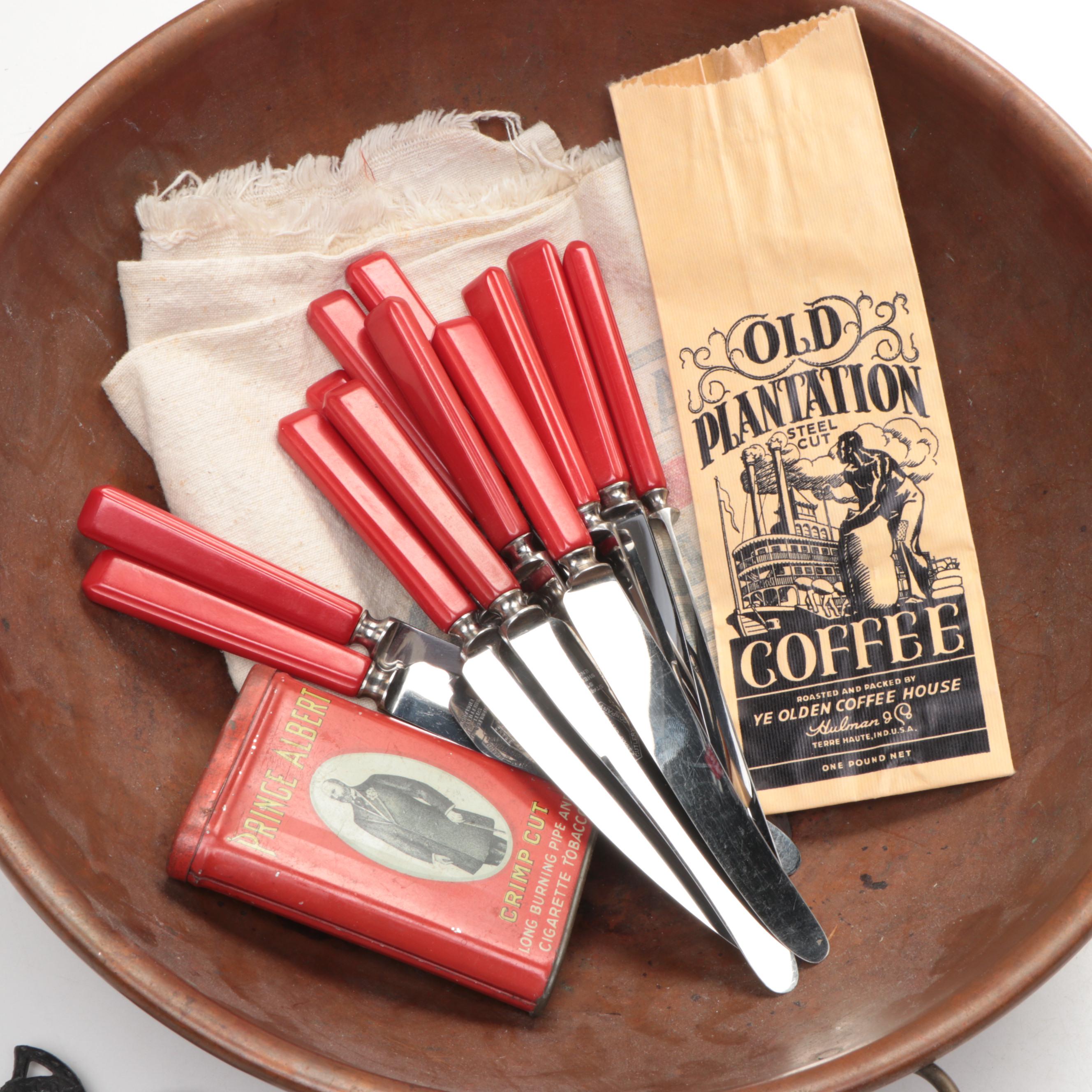 Handled Copper Bowl, Owl Trivets, Knives, Shakers and More