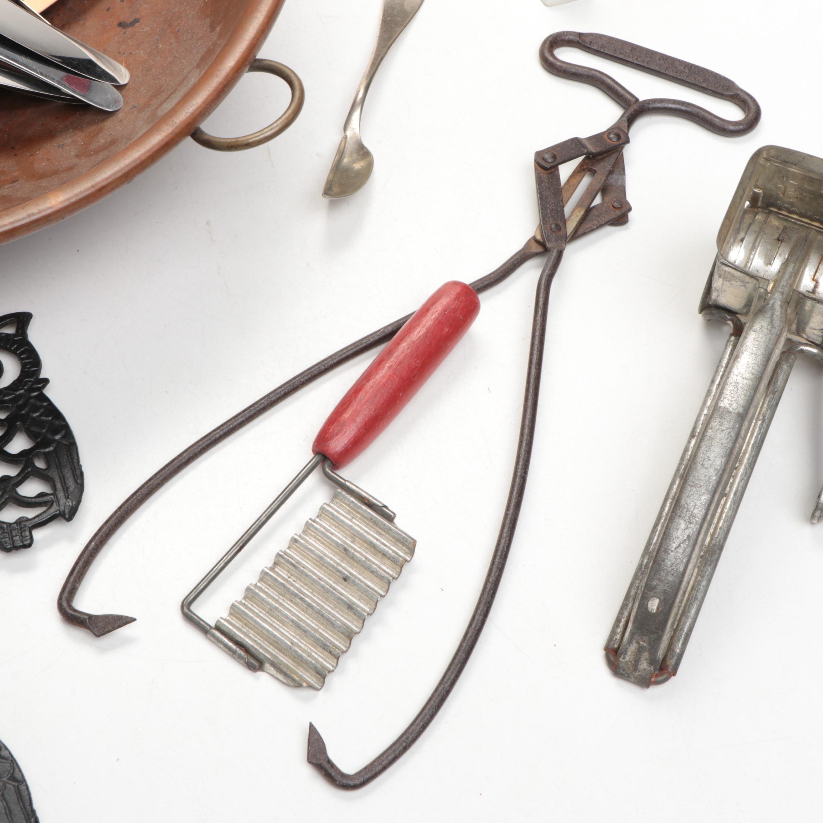 Handled Copper Bowl, Owl Trivets, Knives, Shakers and More