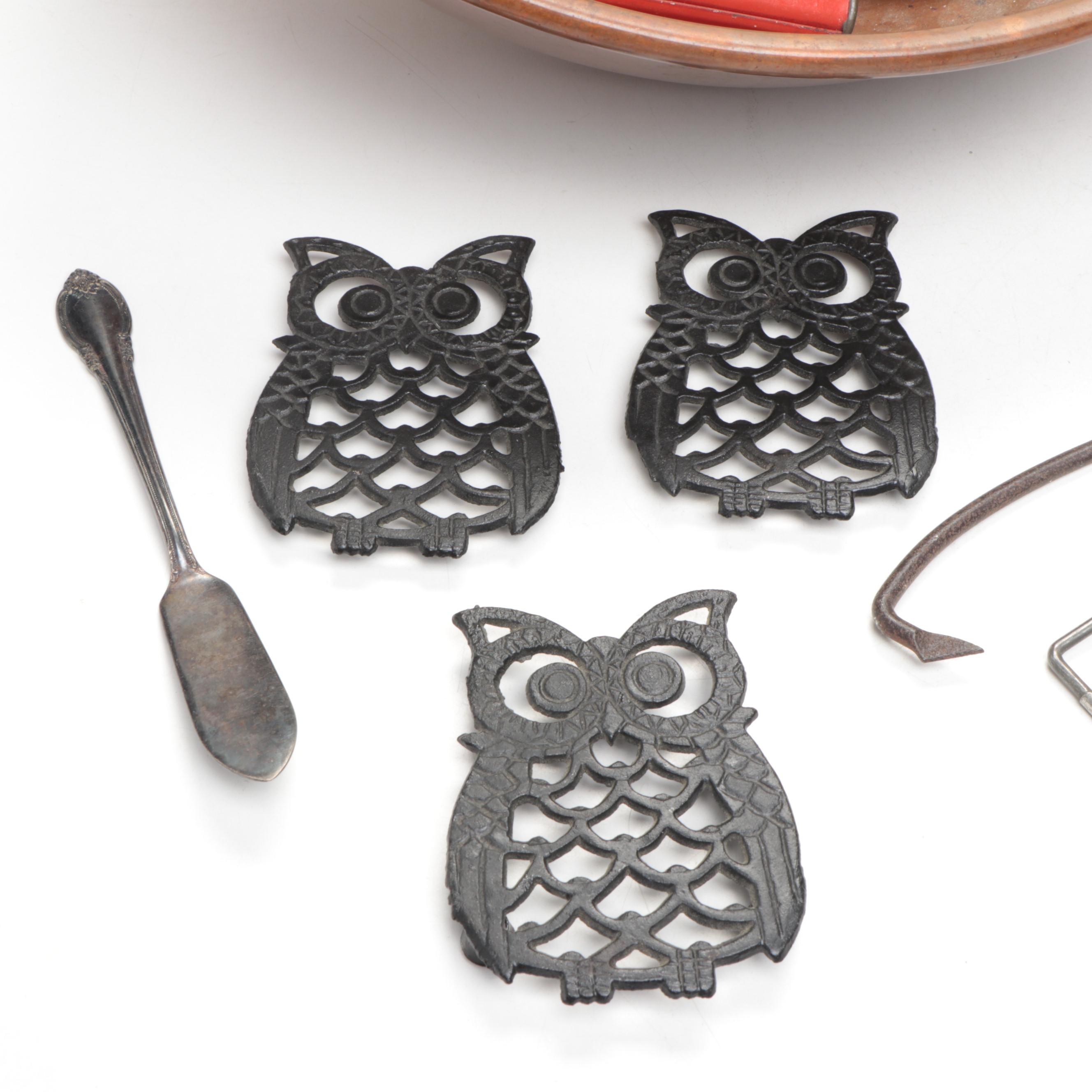 Handled Copper Bowl, Owl Trivets, Knives, Shakers and More