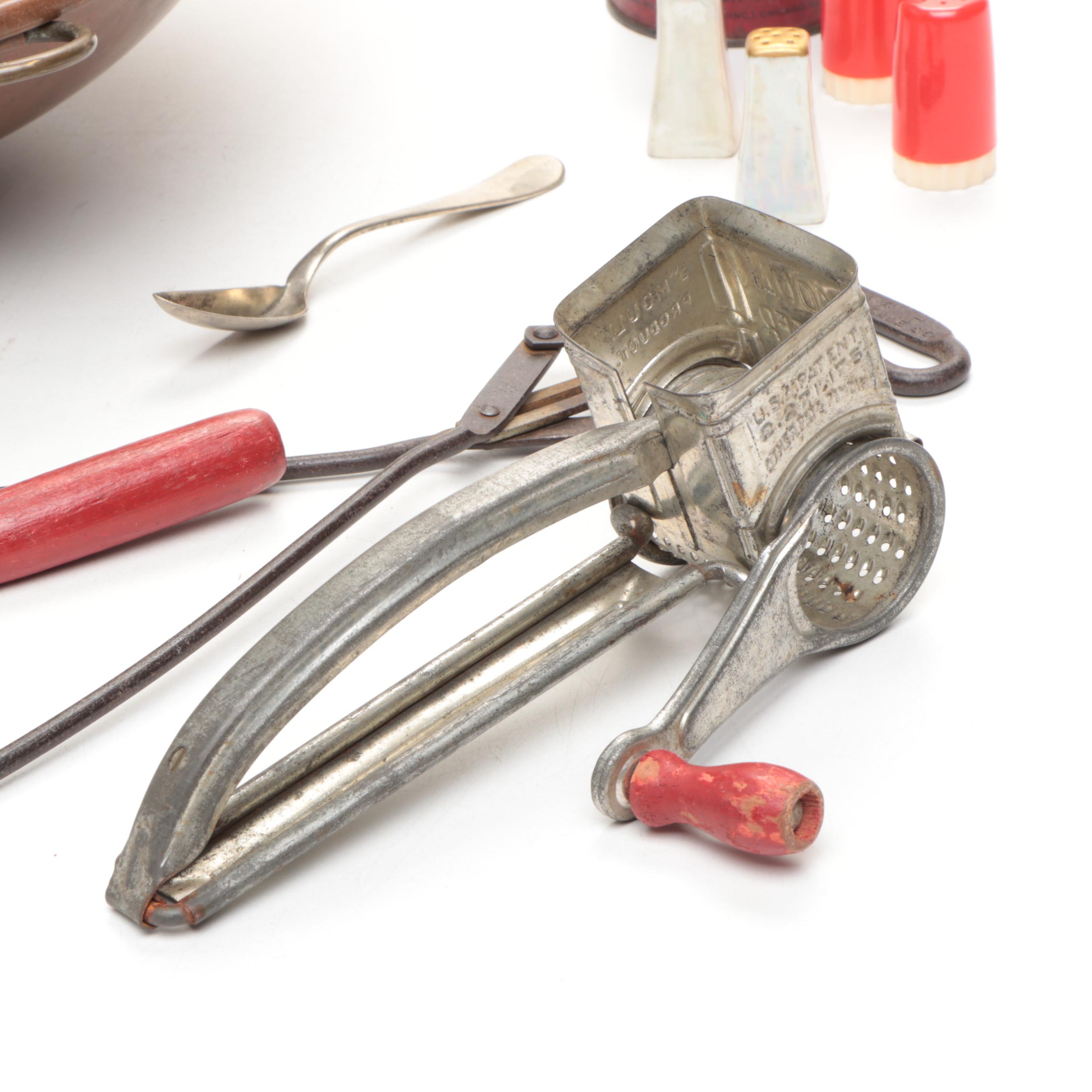 Handled Copper Bowl, Owl Trivets, Knives, Shakers and More