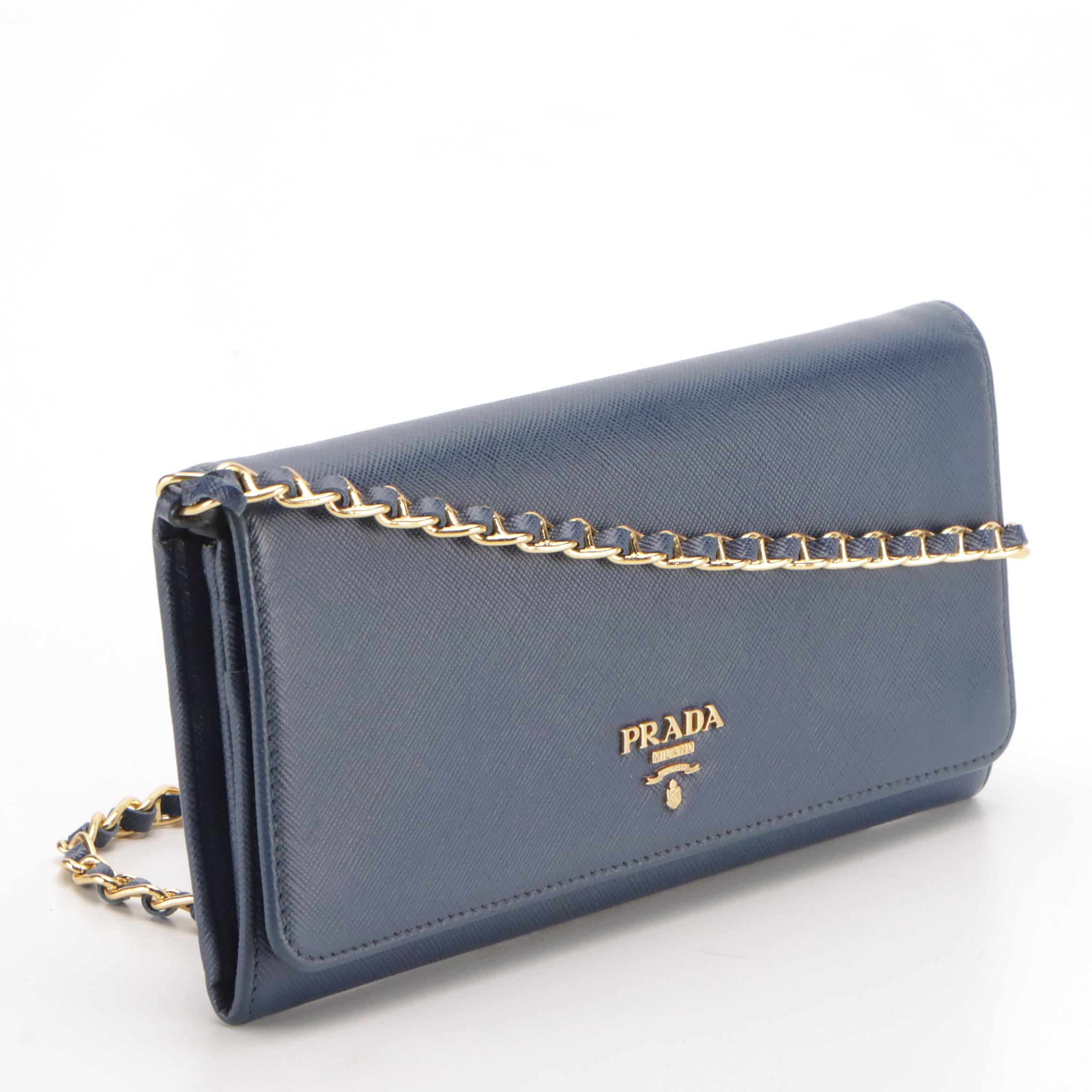 Prada Wallet-on-Chain in Dark Blue Saffiano Leather