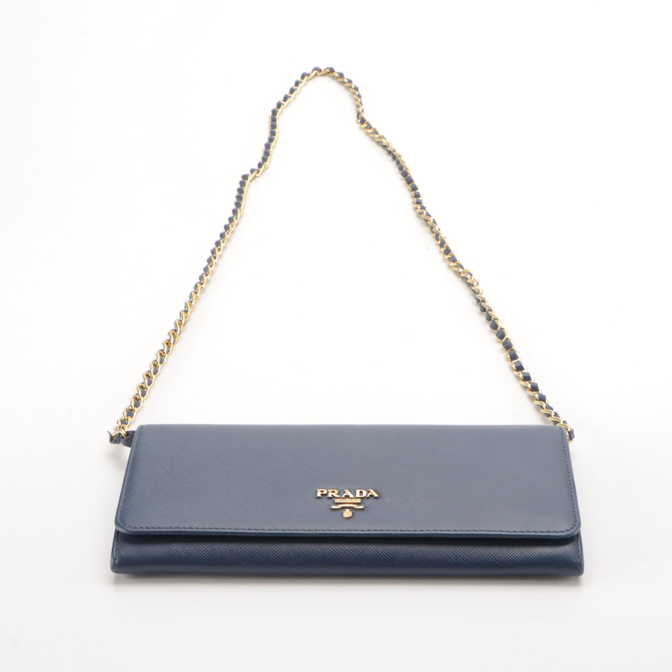 Prada Wallet-on-Chain in Dark Blue Saffiano Leather