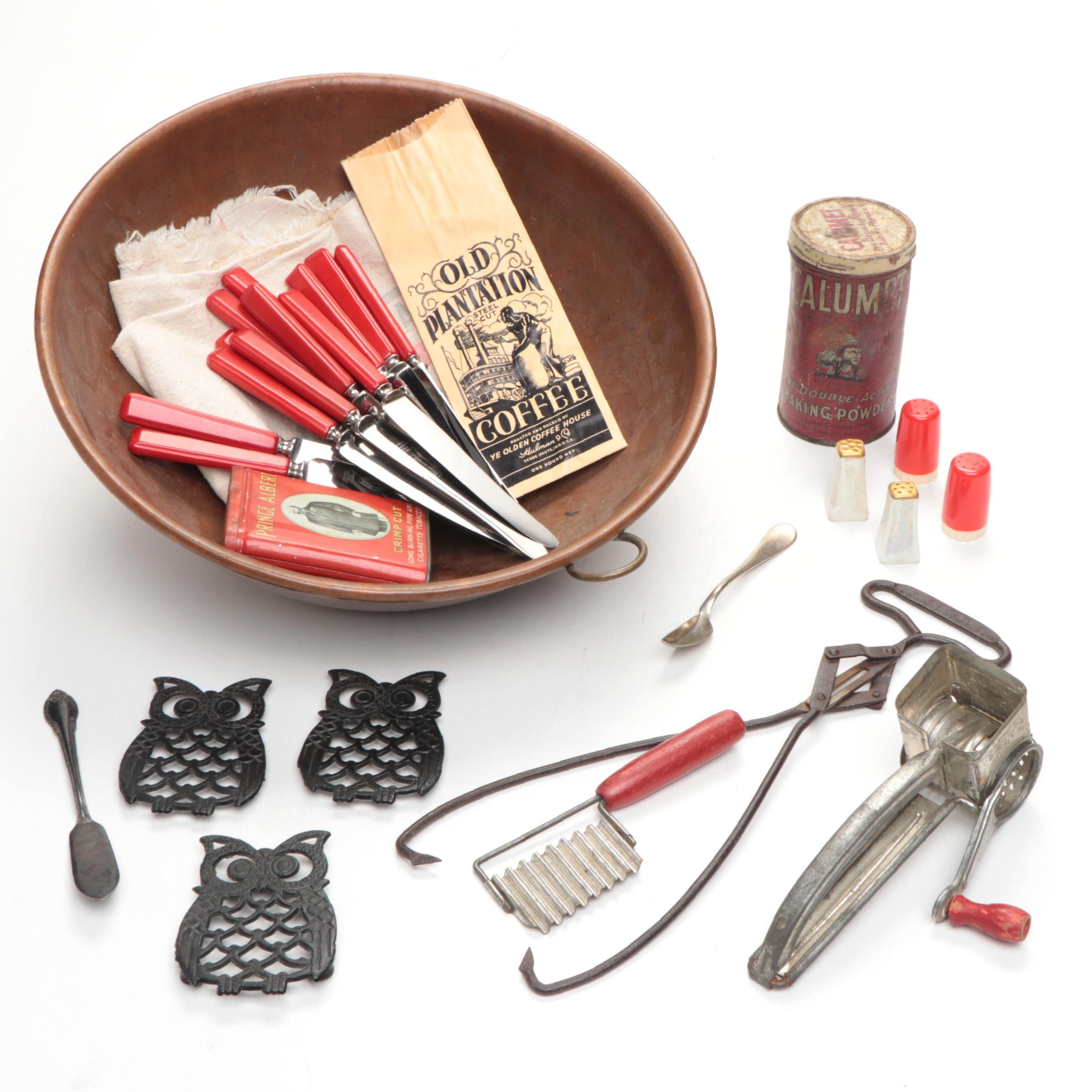 Handled Copper Bowl, Owl Trivets, Knives, Shakers and More