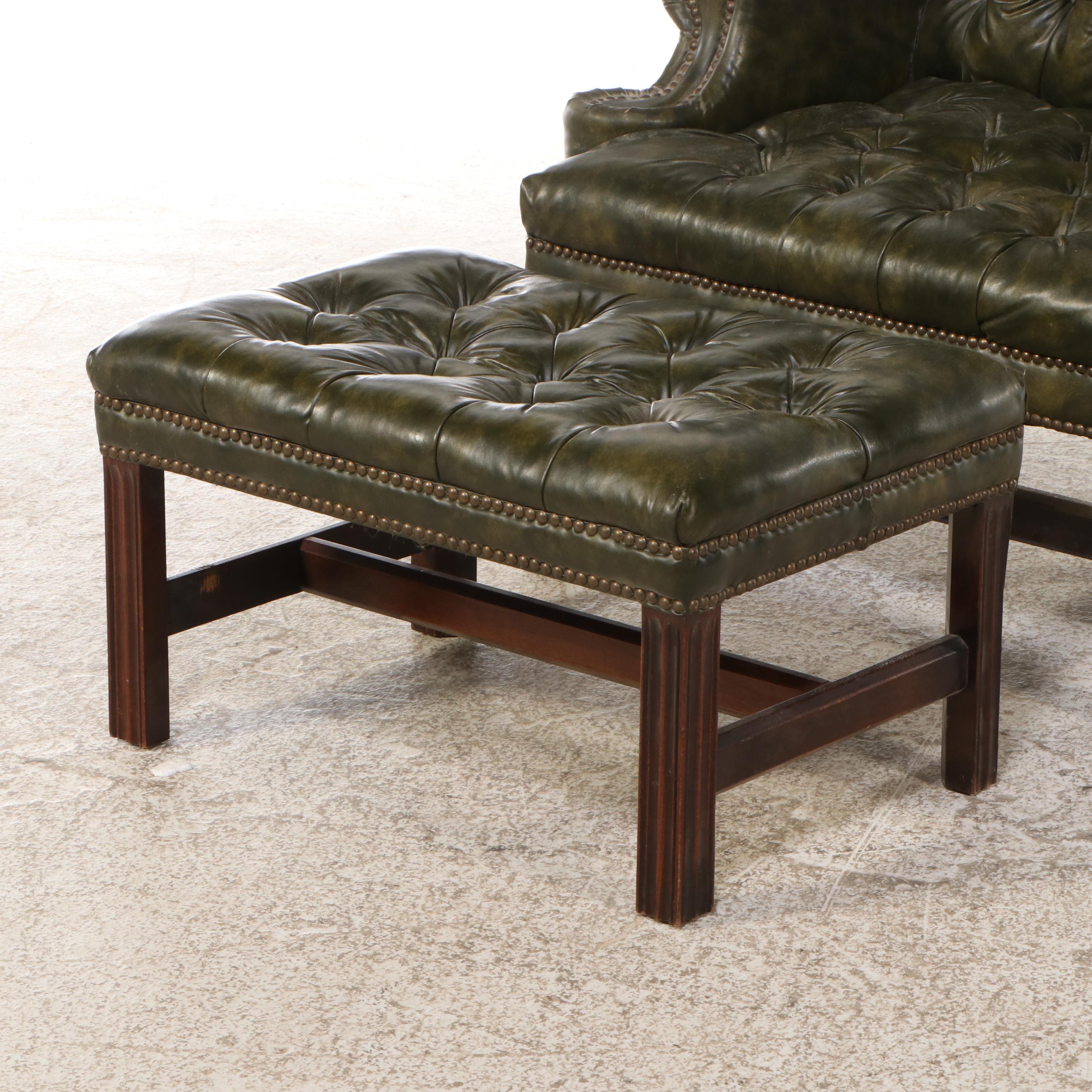 Chippendale Style Button-Tufted Leather Wingback Chair with Ottoman