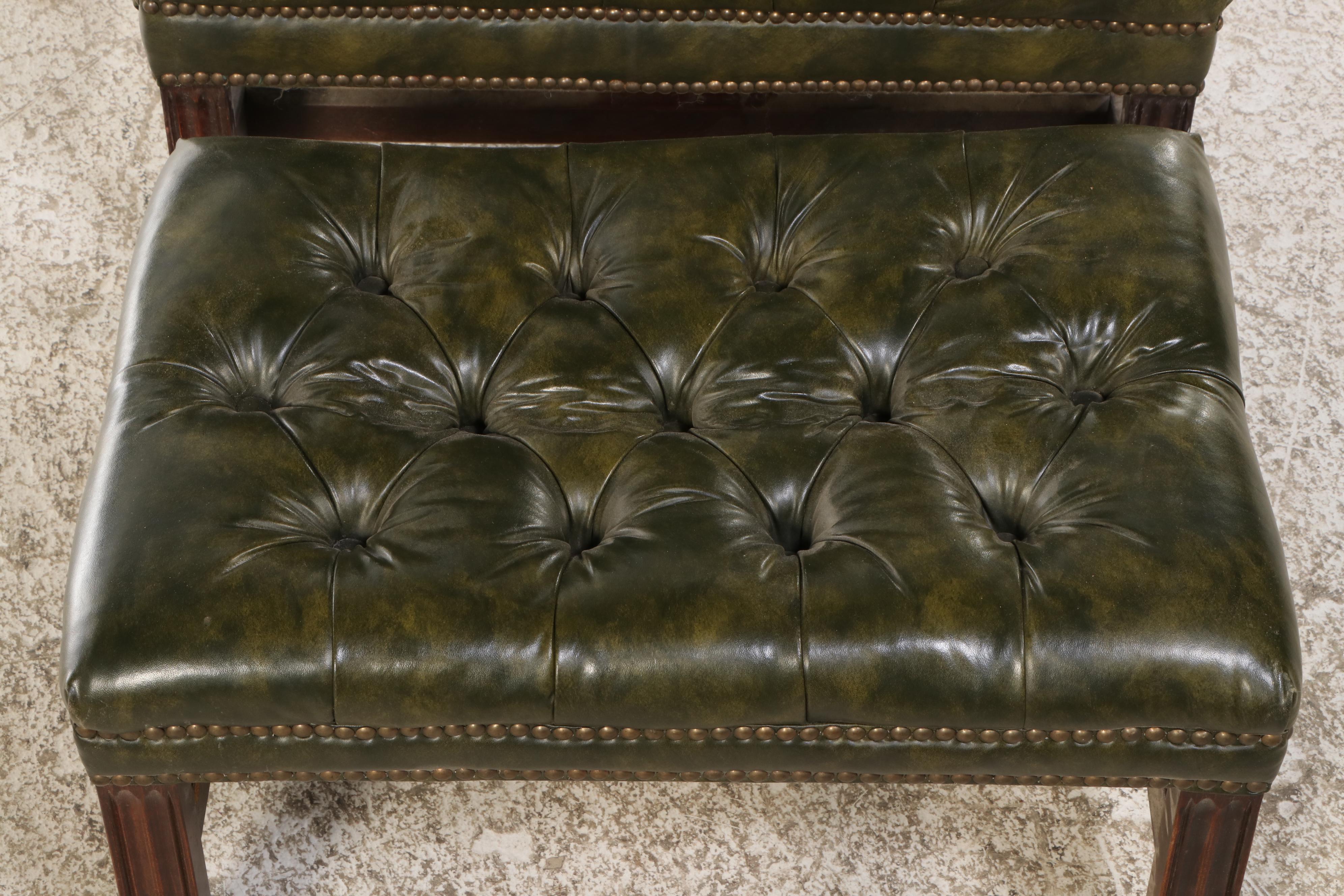Chippendale Style Button-Tufted Leather Wingback Chair with Ottoman
