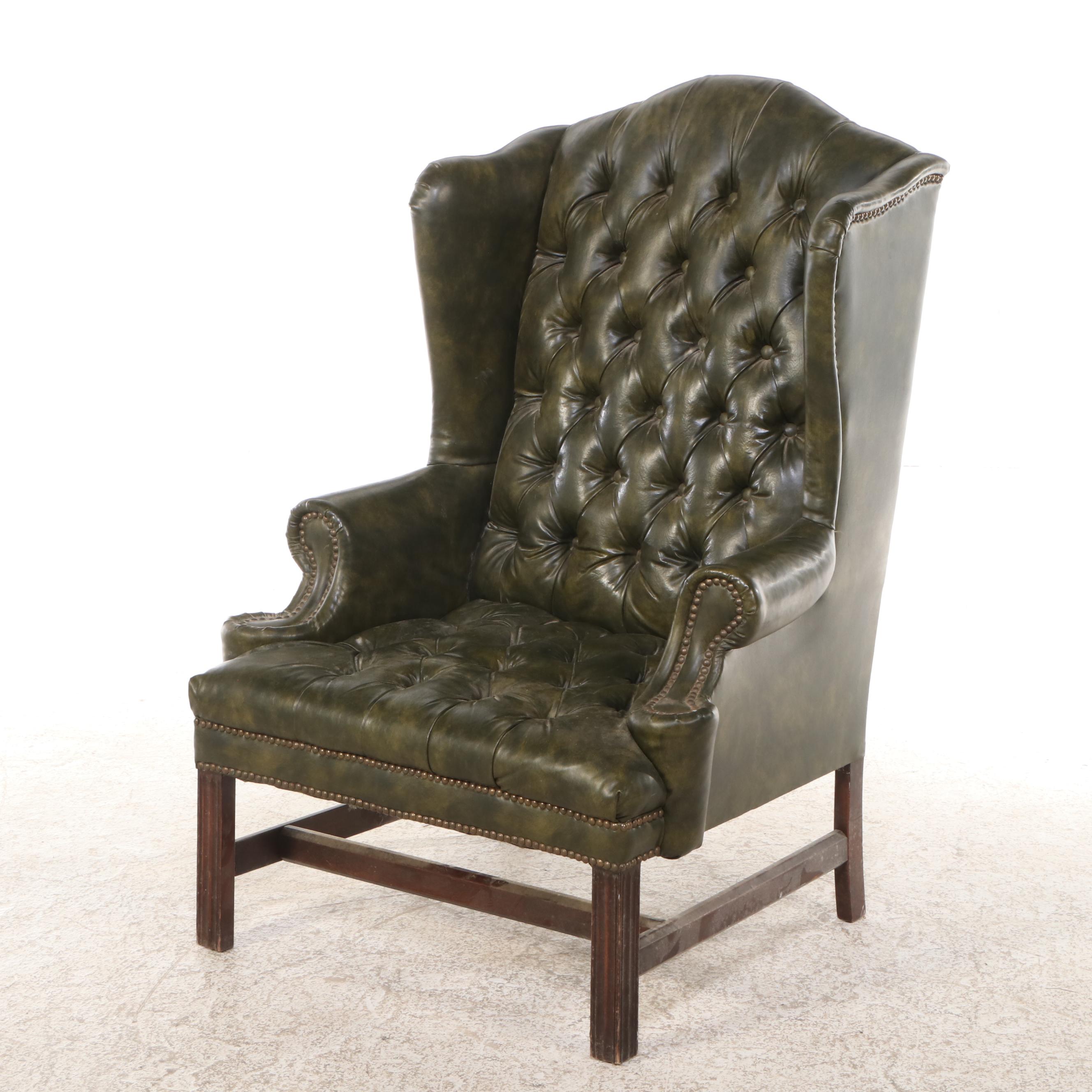 Chippendale Style Button-Tufted Leather Wingback Chair with Ottoman
