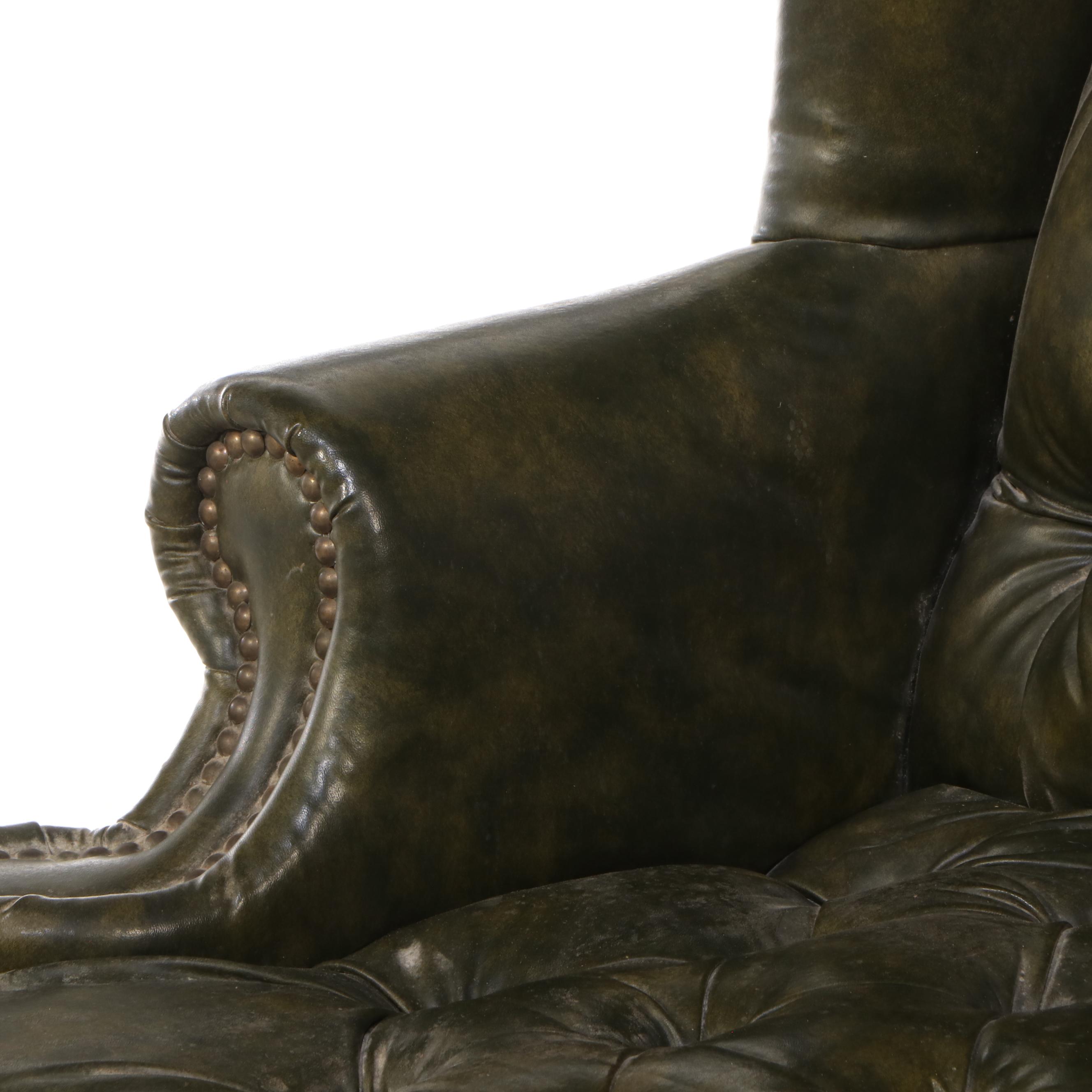 Chippendale Style Button-Tufted Leather Wingback Chair with Ottoman