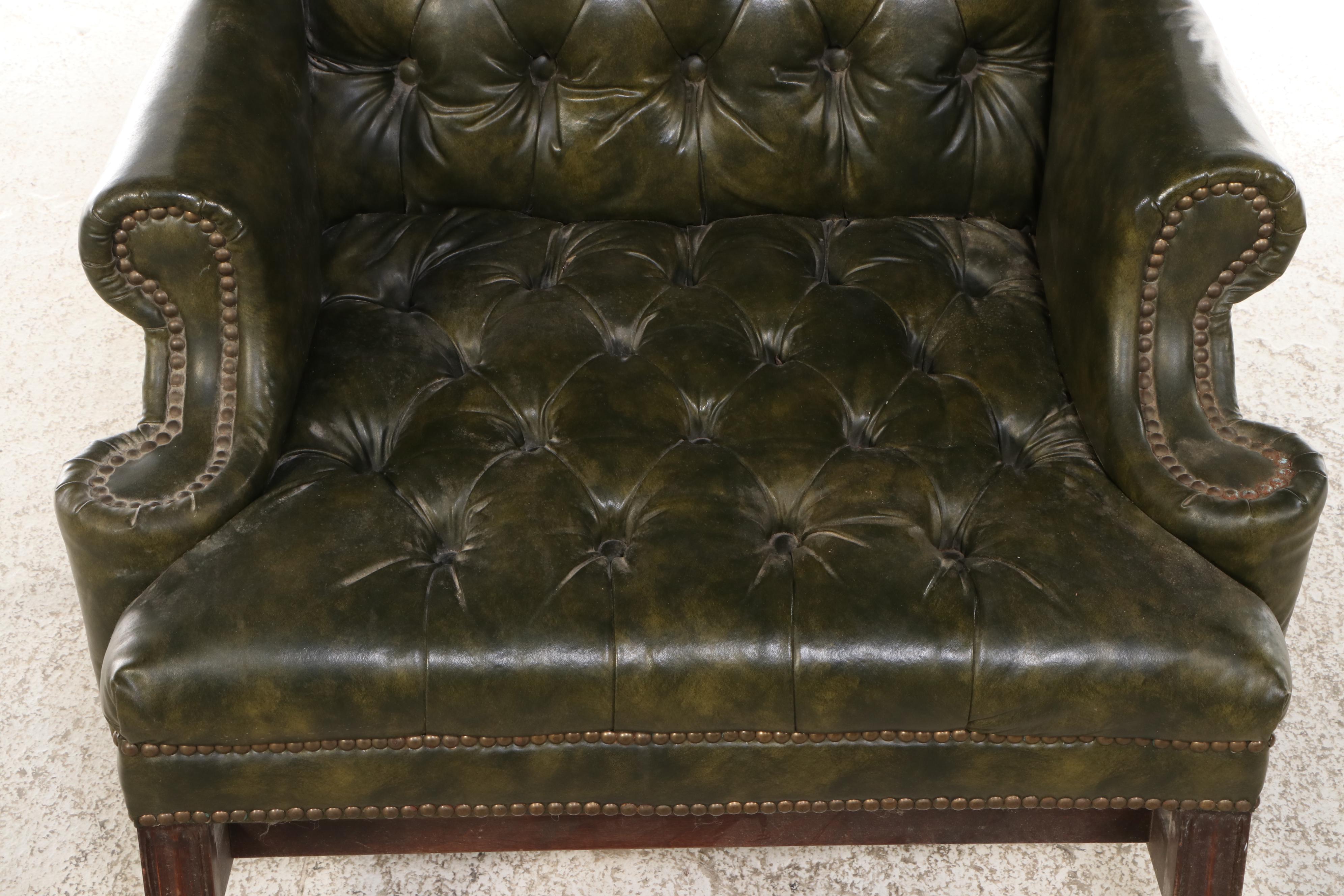 Chippendale Style Button-Tufted Leather Wingback Chair with Ottoman