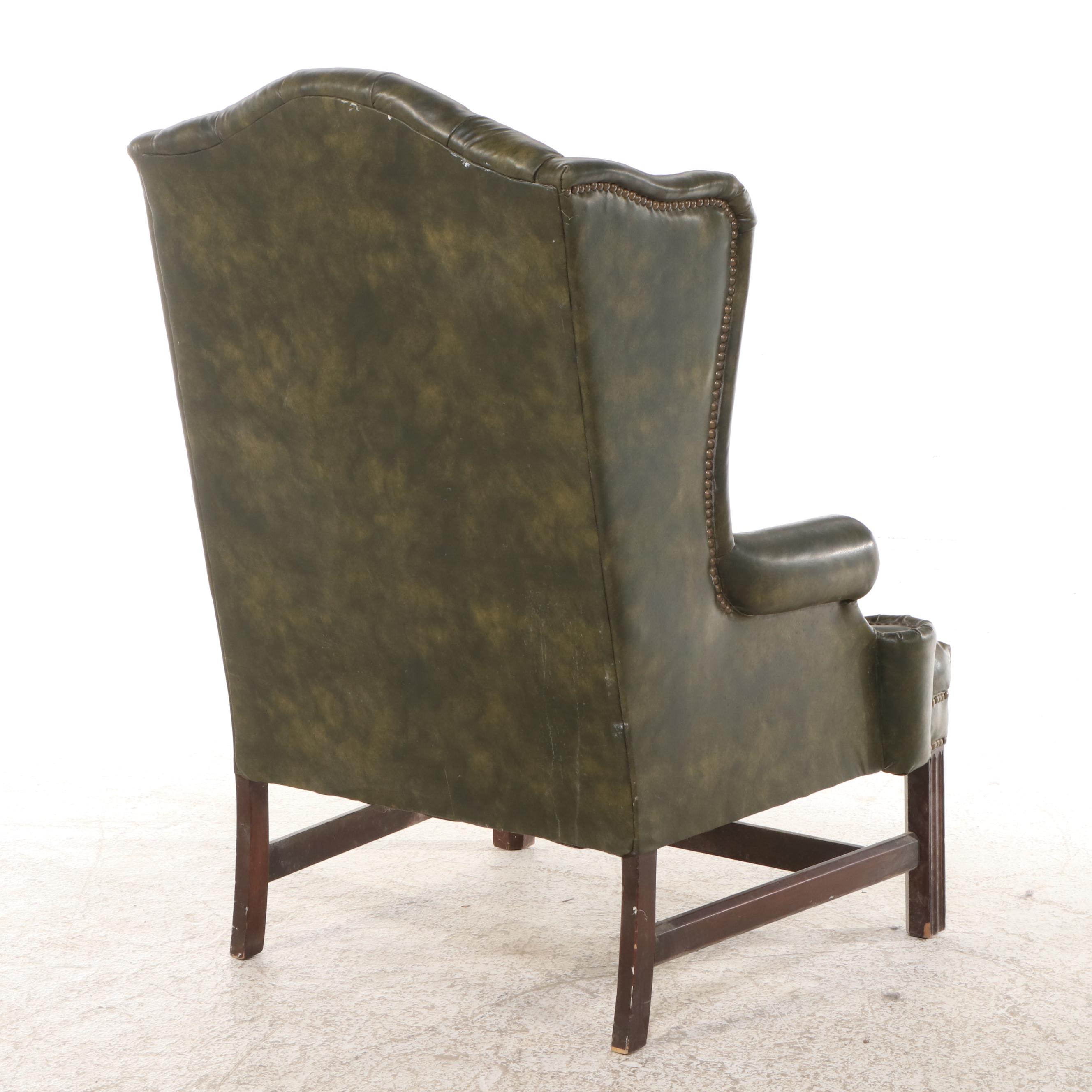 Chippendale Style Button-Tufted Leather Wingback Chair with Ottoman