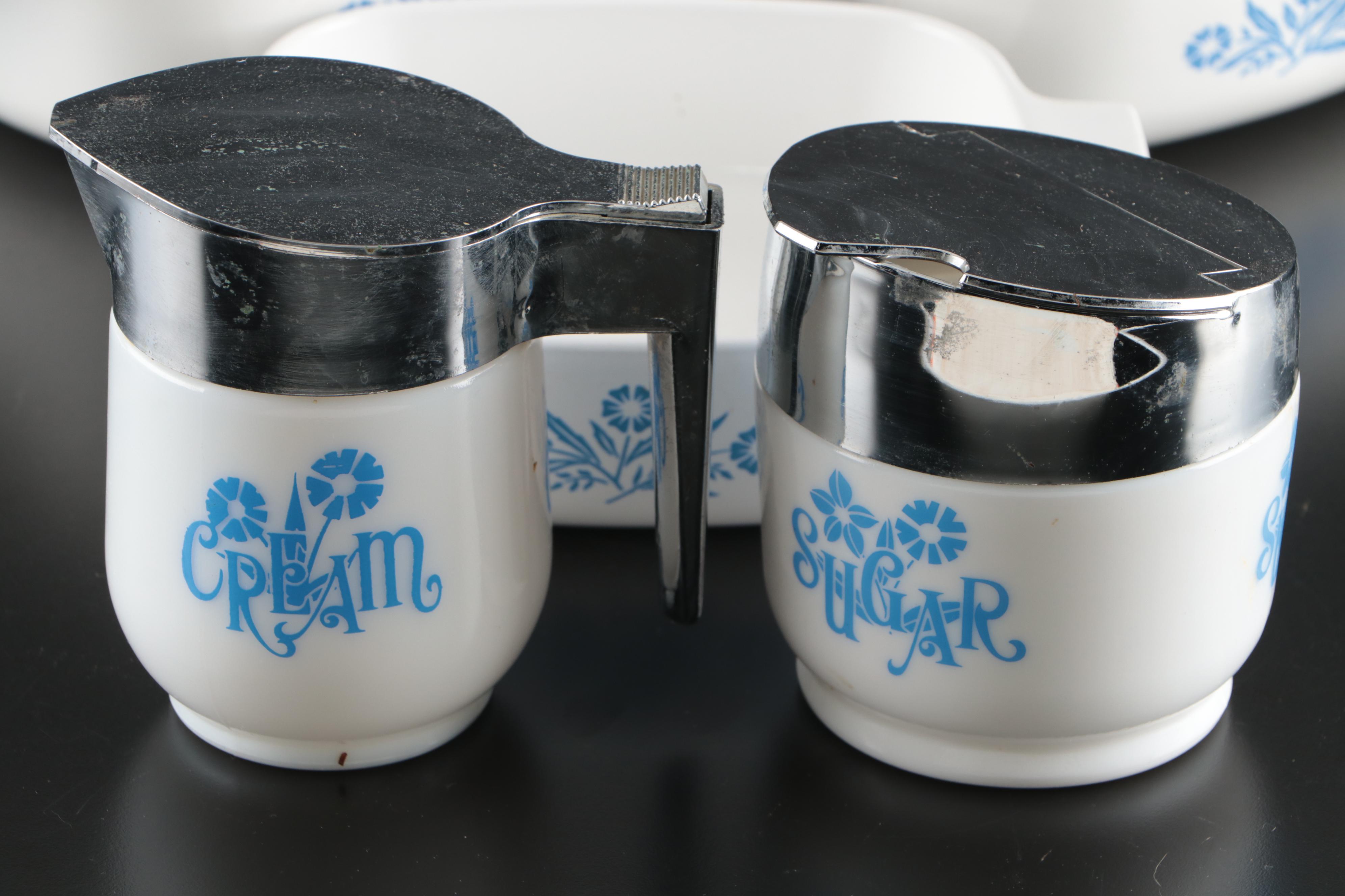 Corning Ware "Cornflower Blue" Glass Bakeware with Gemco Glass Creamer and Bowl