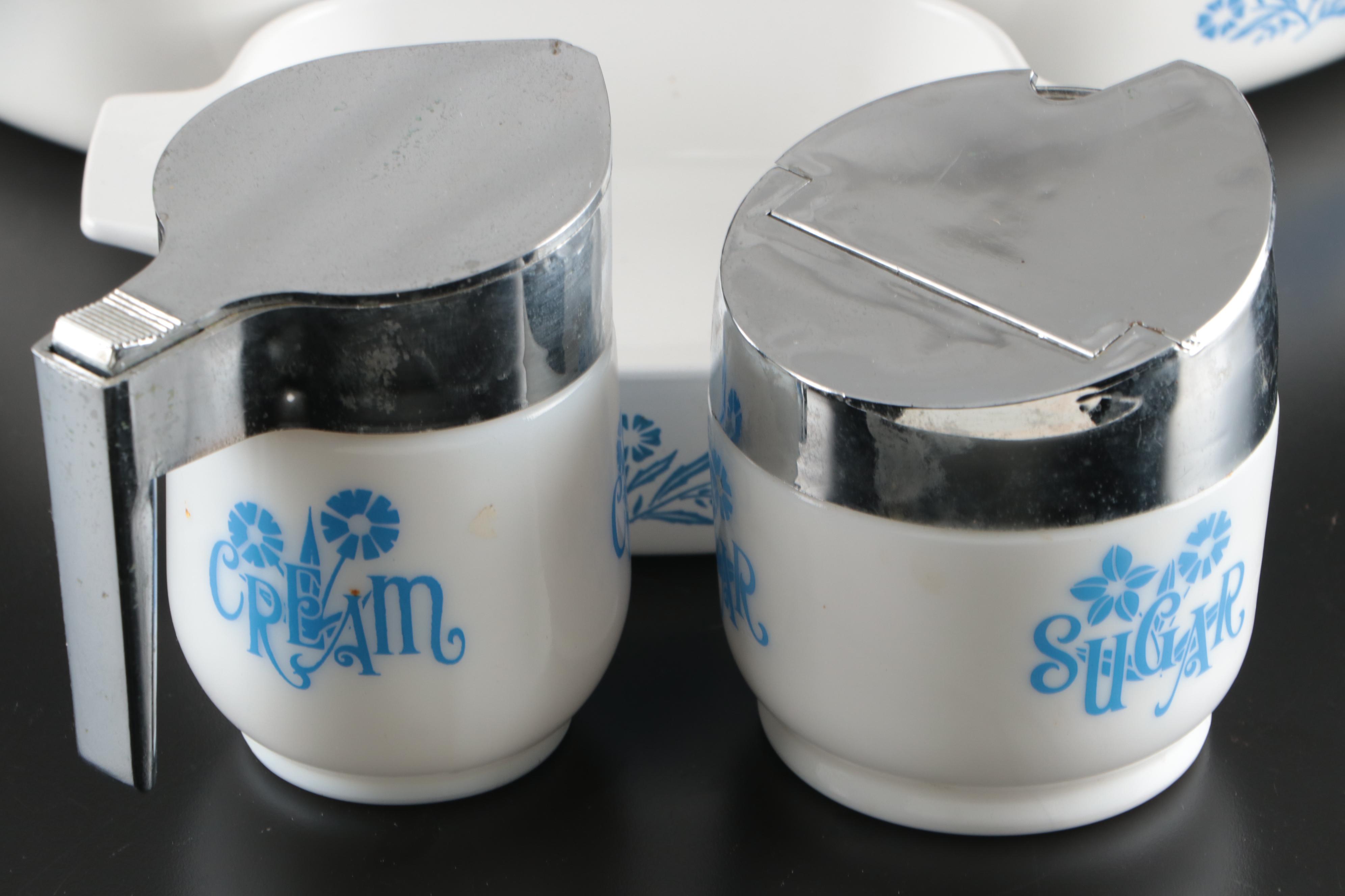 Corning Ware "Cornflower Blue" Glass Bakeware with Gemco Glass Creamer and Bowl