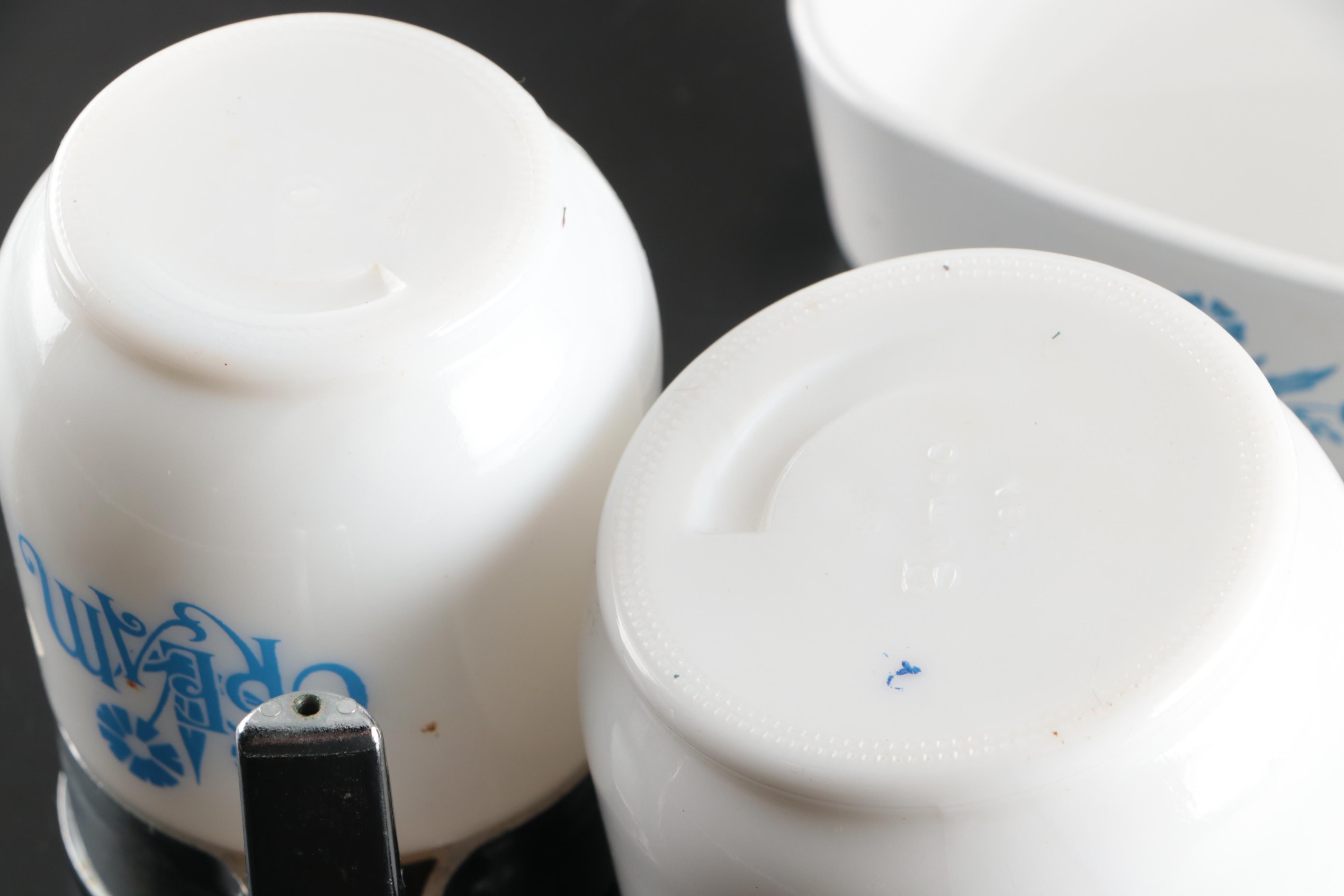 Corning Ware "Cornflower Blue" Glass Bakeware with Gemco Glass Creamer and Bowl