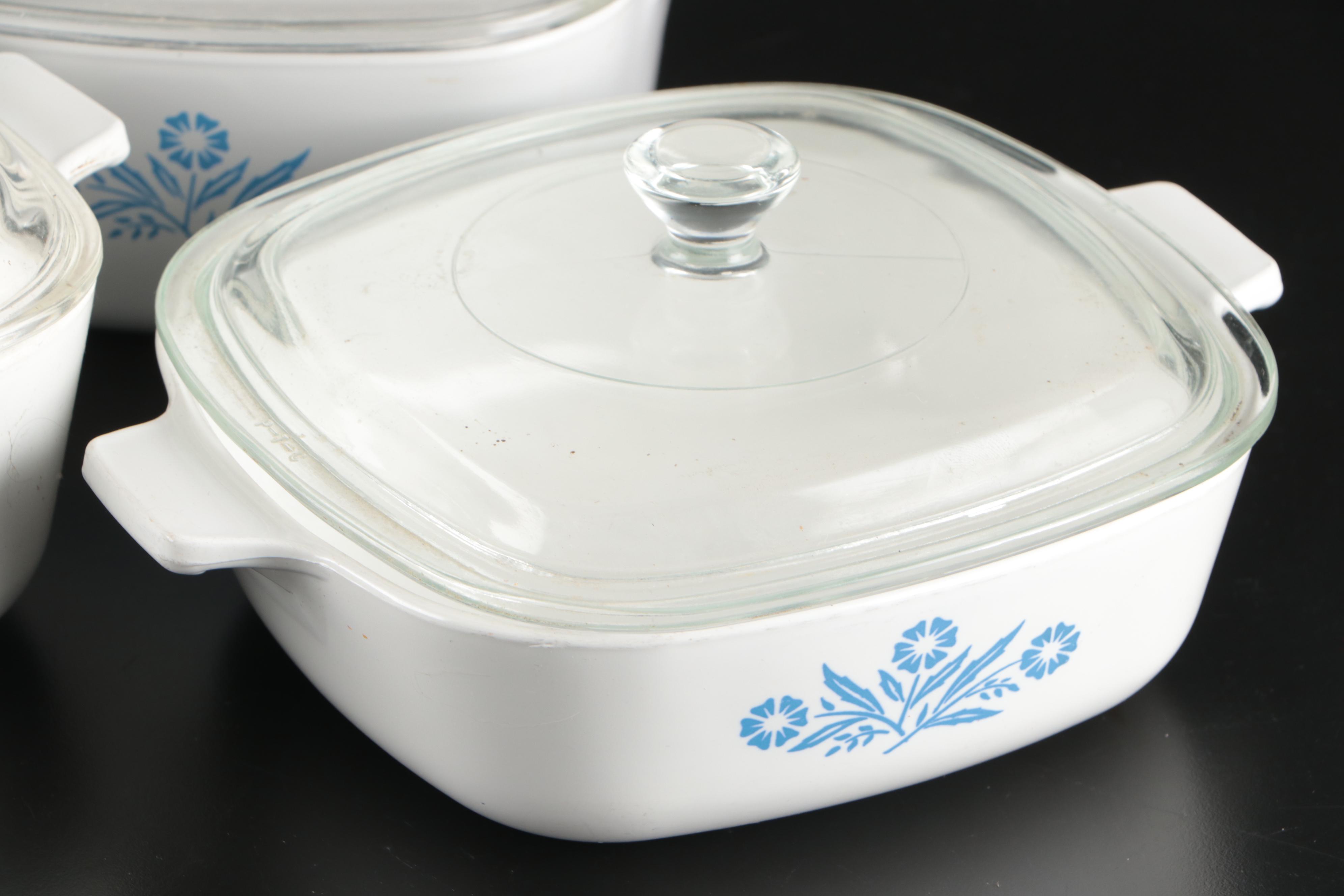 Corning Ware "Cornflower Blue" Glass Bakeware with Gemco Glass Creamer and Bowl