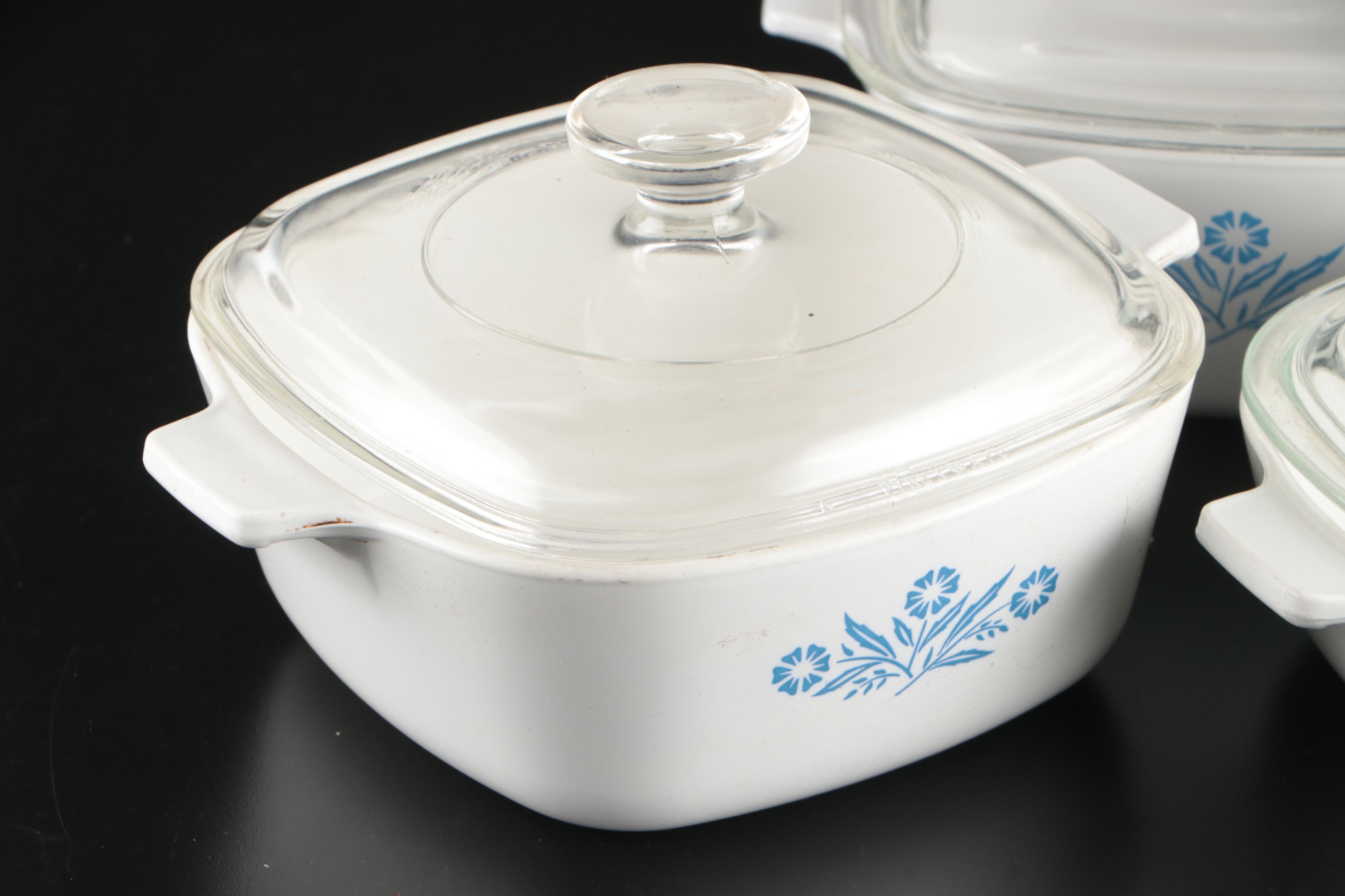 Corning Ware "Cornflower Blue" Glass Bakeware with Gemco Glass Creamer and Bowl