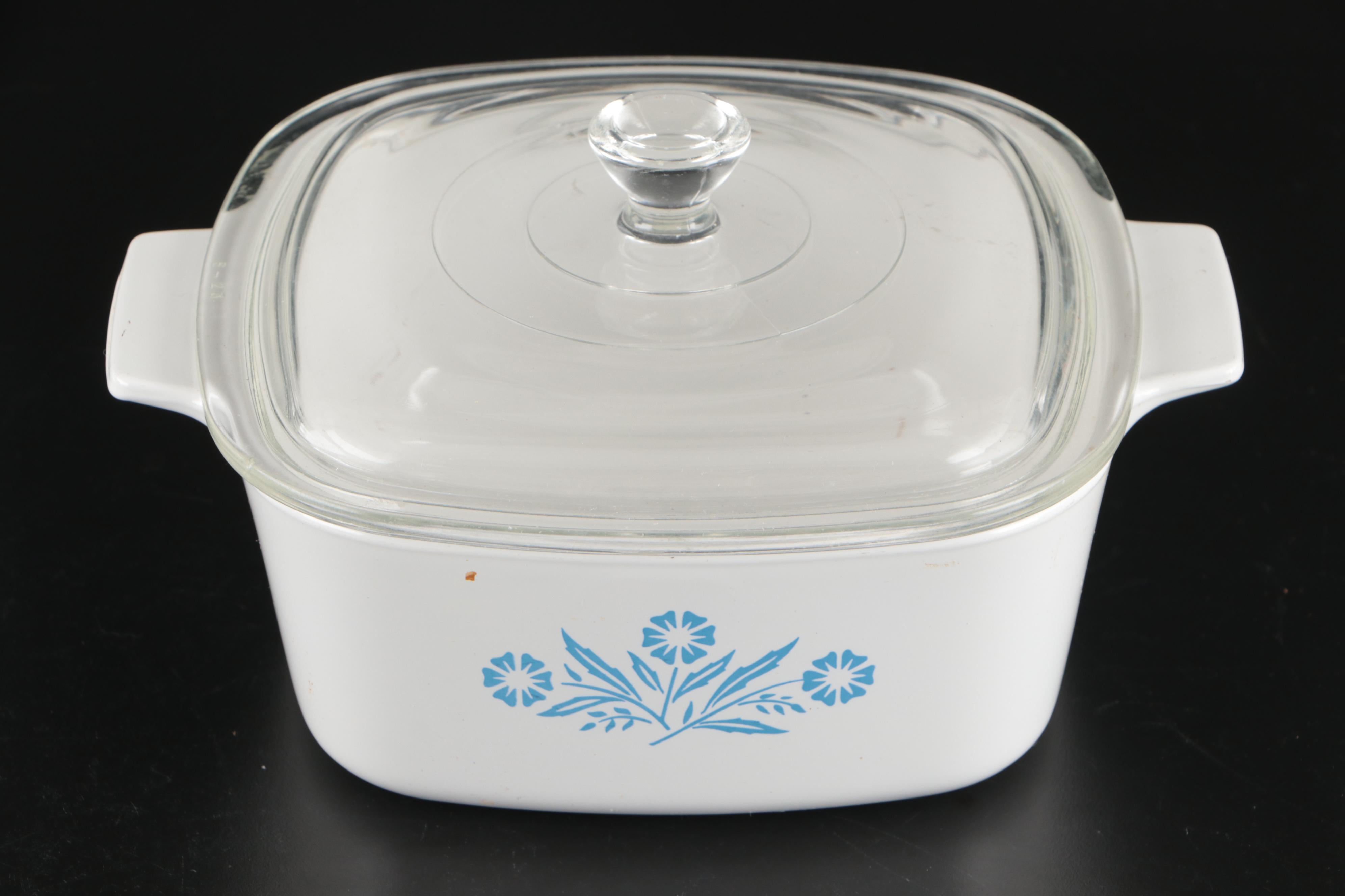 Corning Ware "Cornflower Blue" Glass Bakeware with Gemco Glass Creamer and Bowl