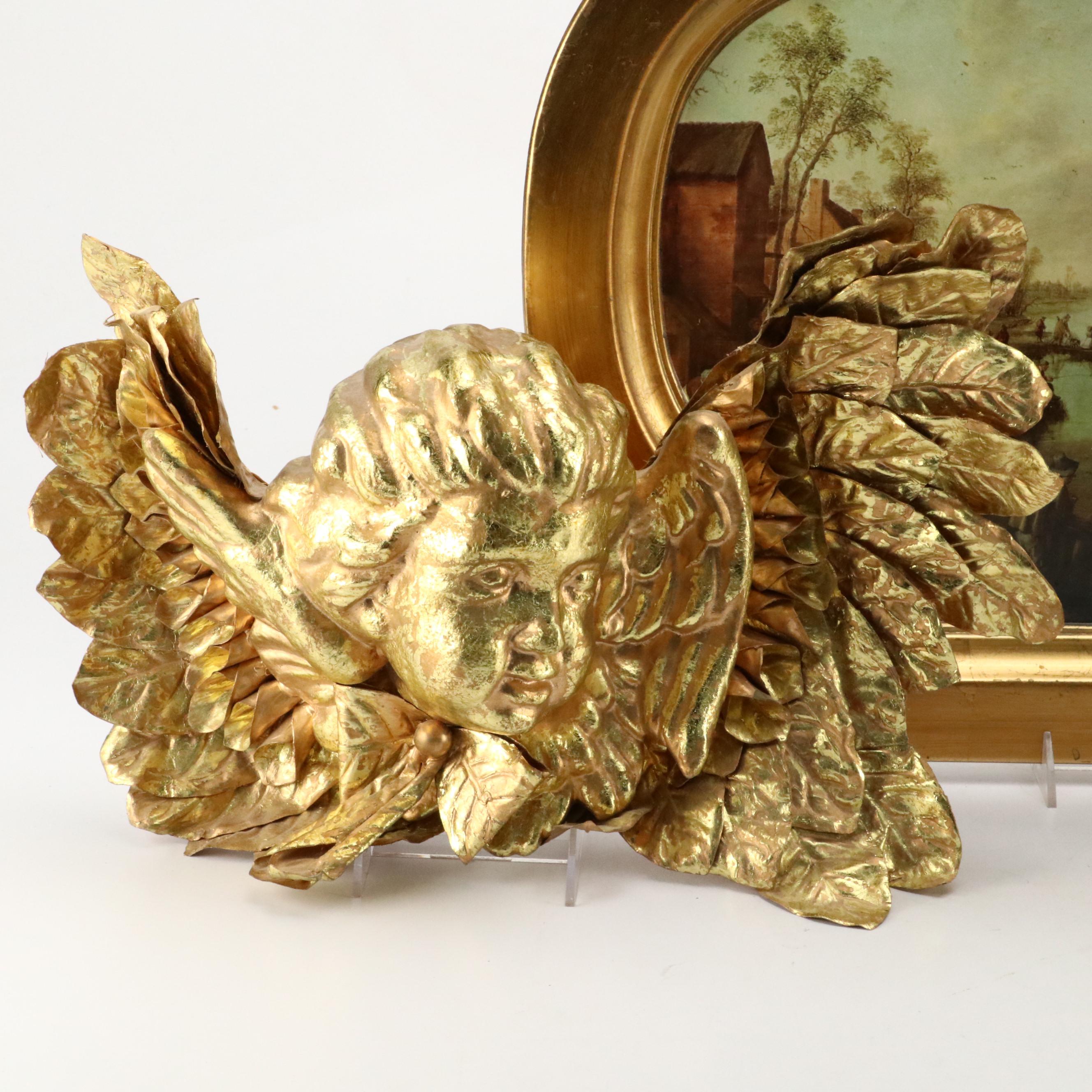 Baroque Style Plastic Tray with Gilt Plaster Angels and Candlesticks