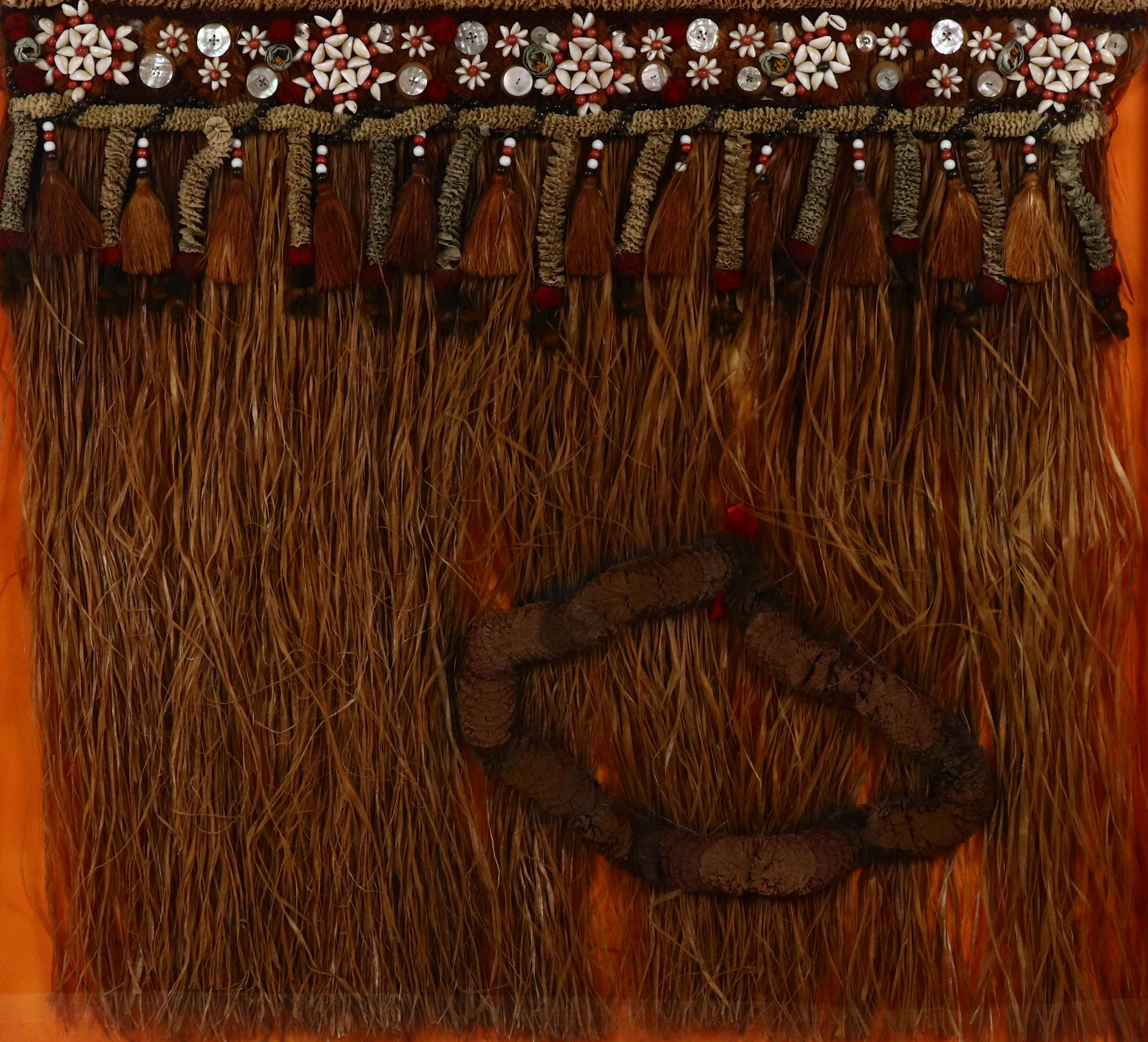 Framed Polynesian Palm Skirt and Tissue Lei, 20th Century