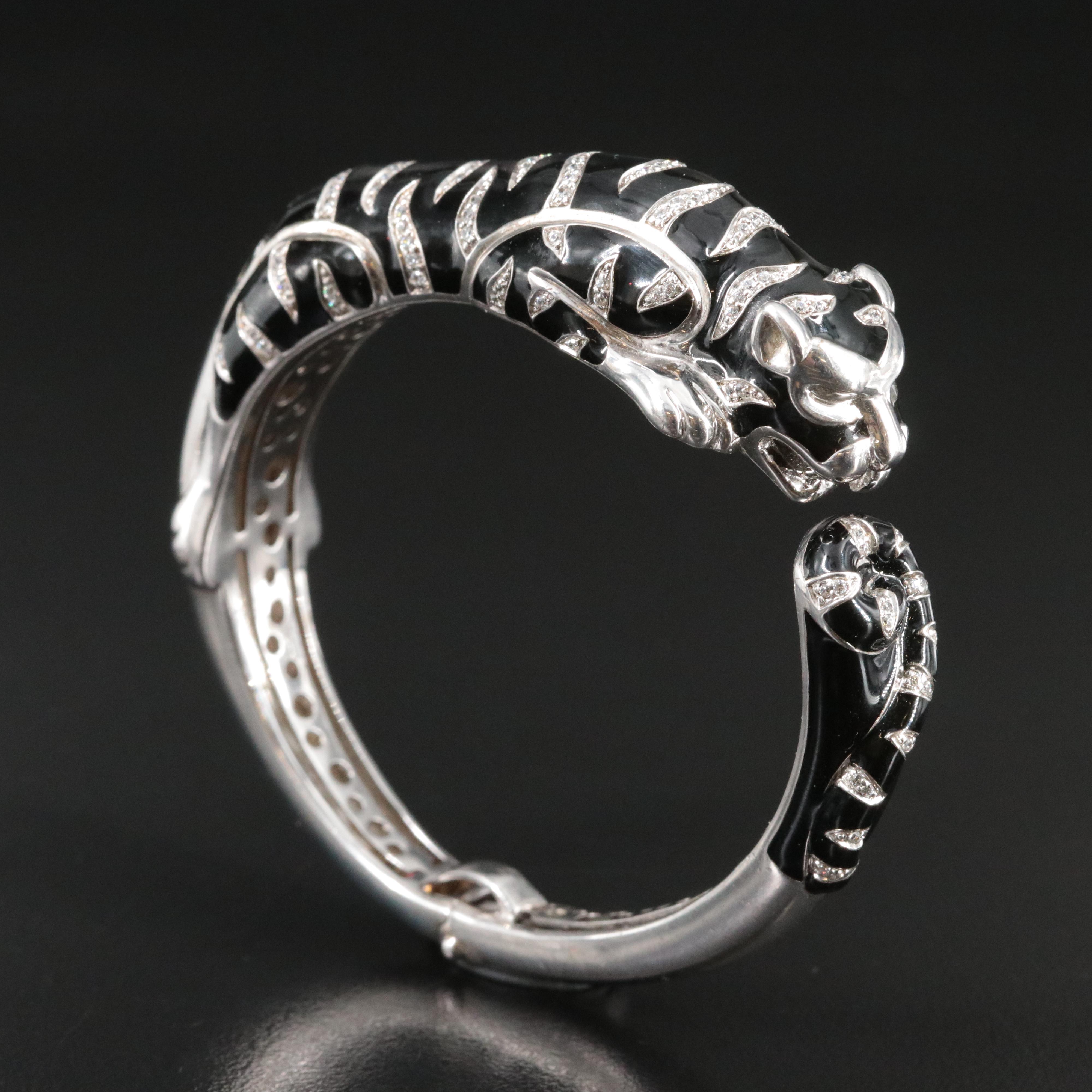 Sterling CZ and Enamel Panther Kickstand Bangle Bracelet