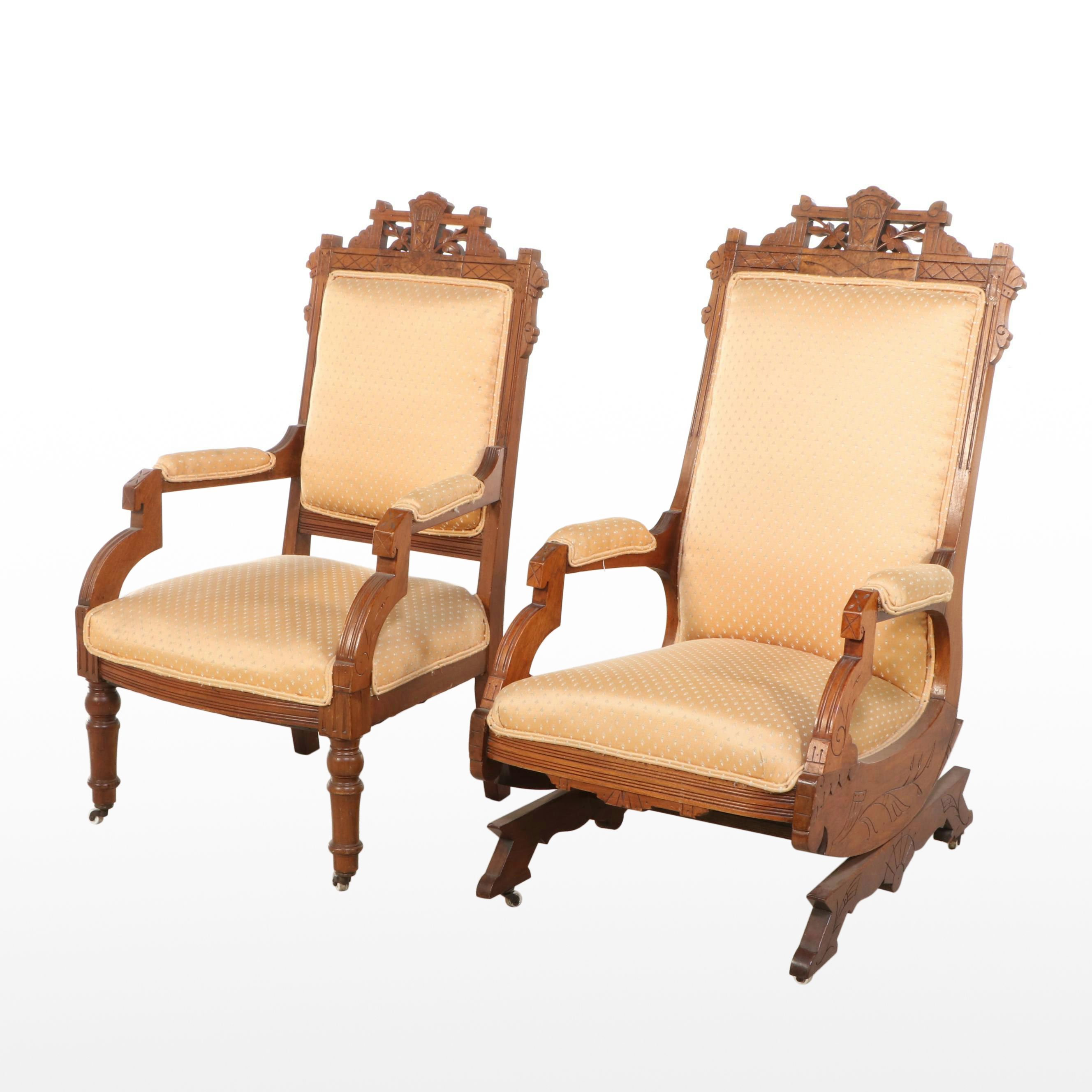 Victorian Upholstered Walnut Rocking Chair and Armchair on Porcelain Casters
