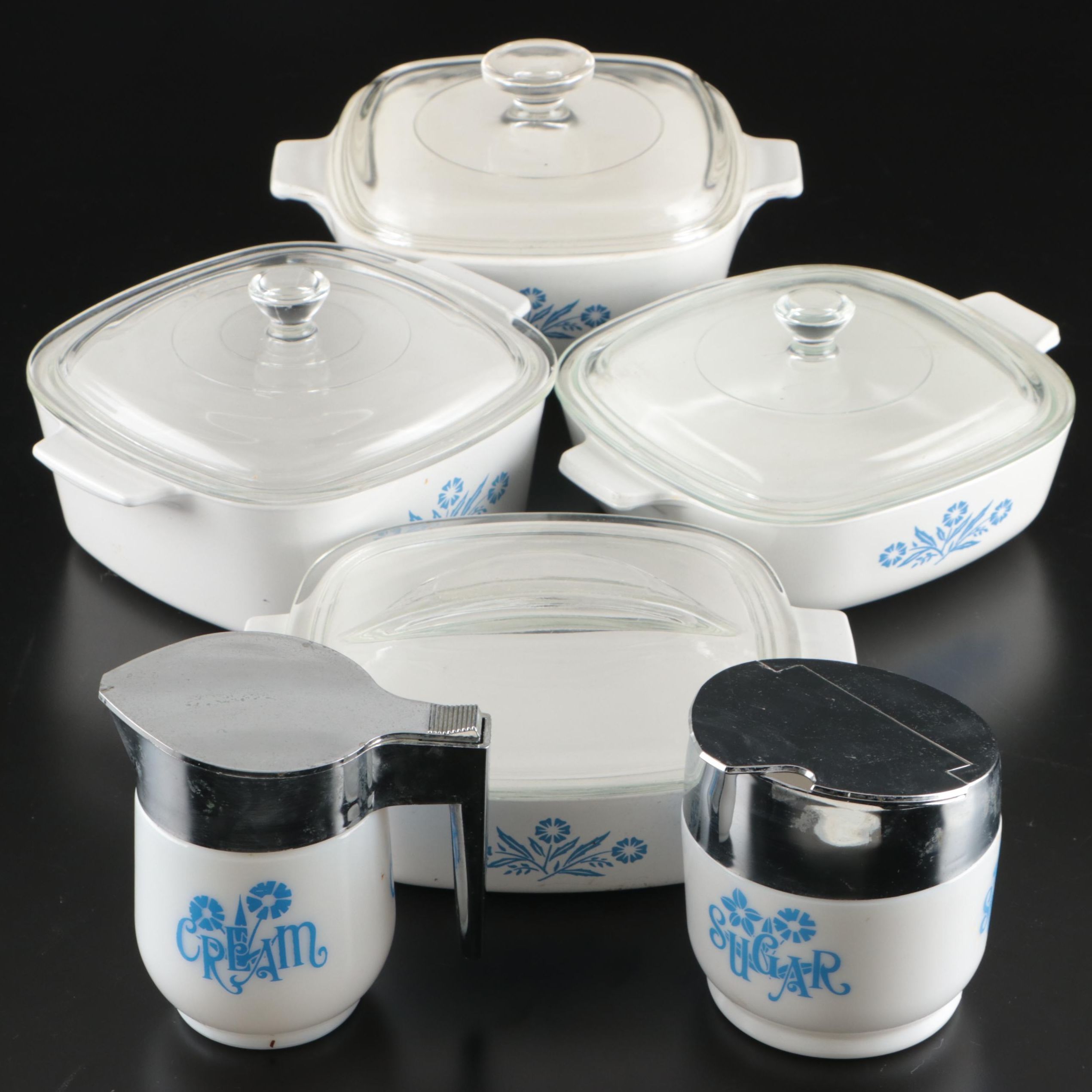 Corning Ware "Cornflower Blue" Glass Bakeware with Gemco Glass Creamer and Bowl