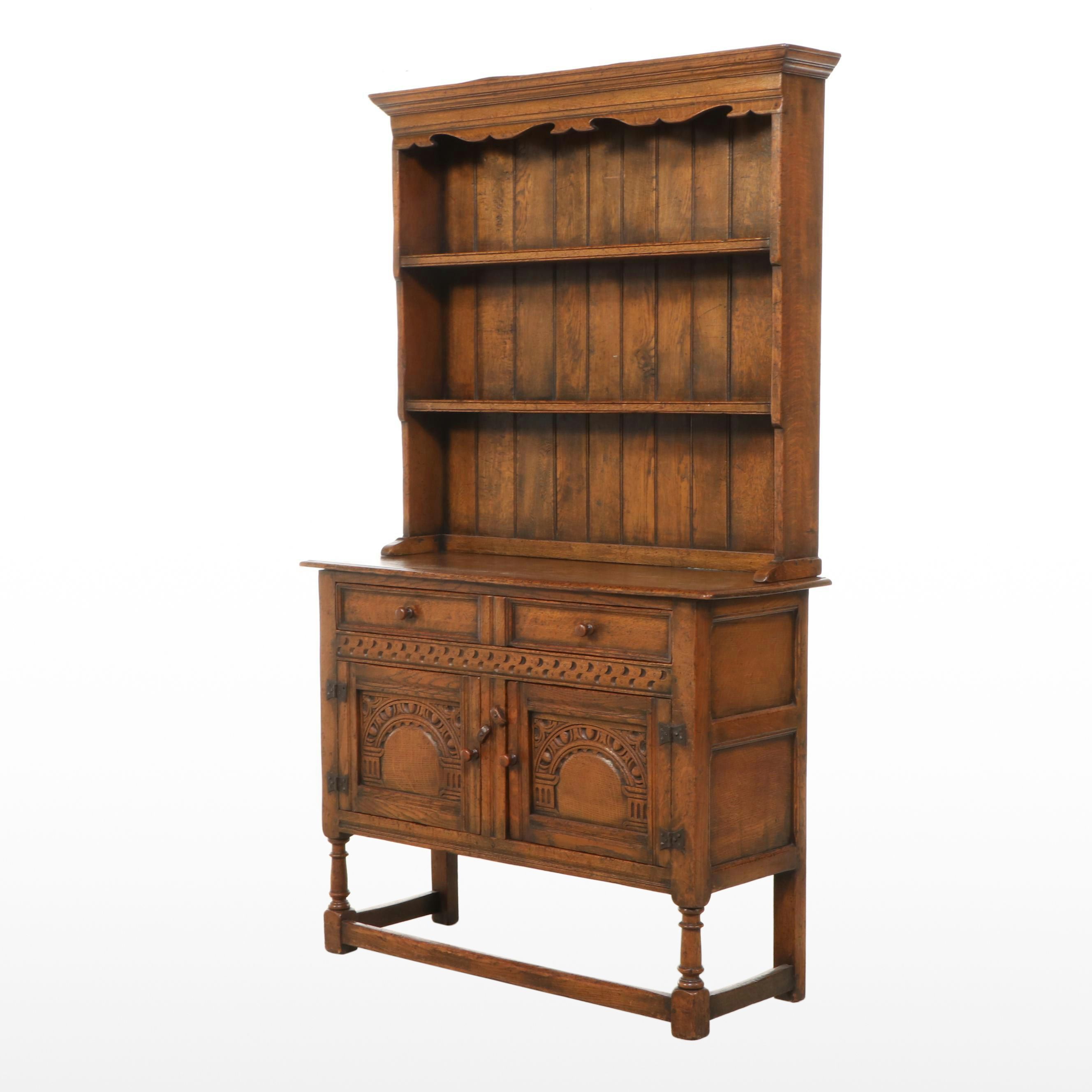 Jacobean Style Oak Sideboard with Hutch, Early 20th Cenutry