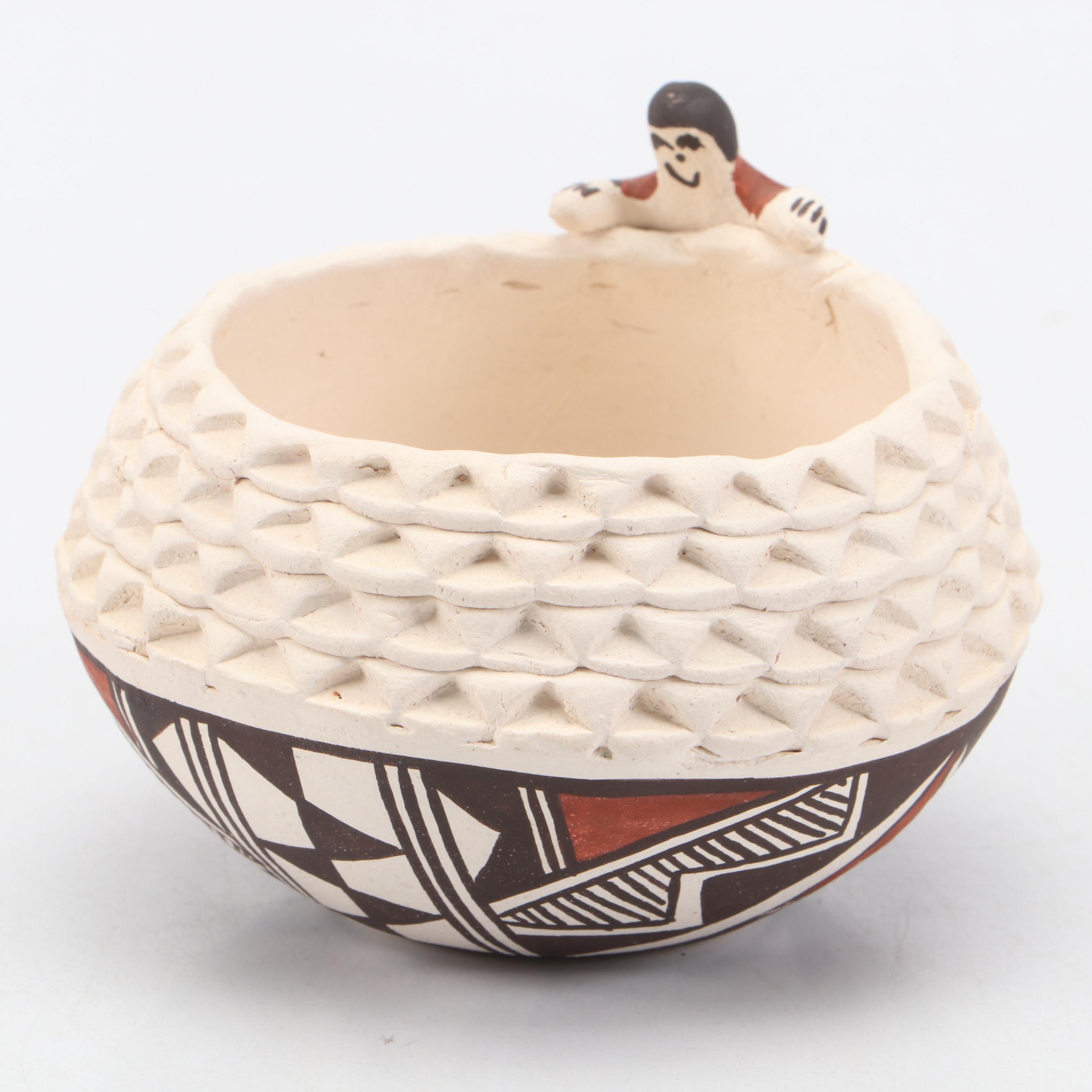 Signed Joyce Leno Acoma Pueblo Hand-Painted Pottery Vessel with Figure