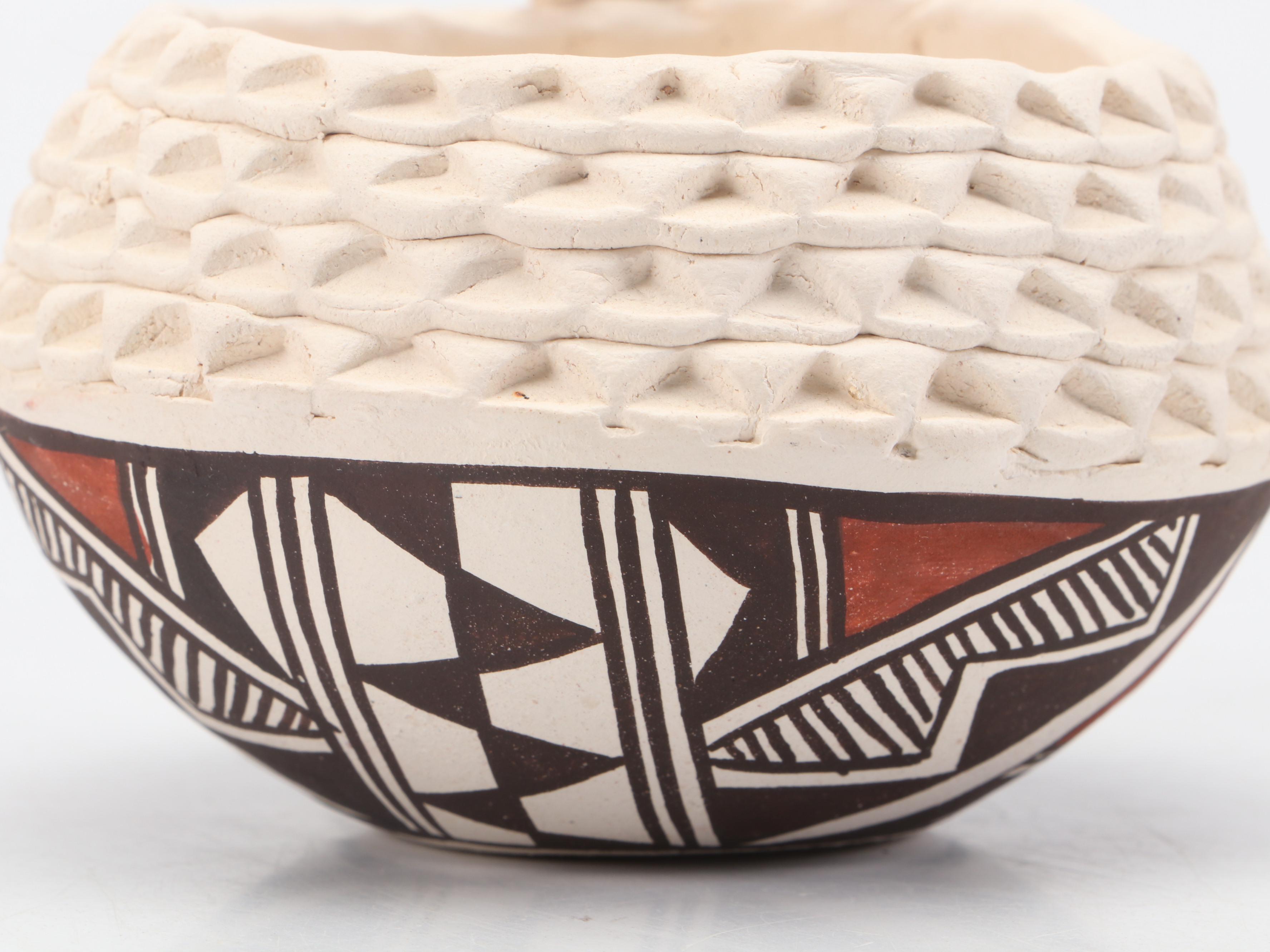 Signed Joyce Leno Acoma Pueblo Hand-Painted Pottery Vessel with Figure