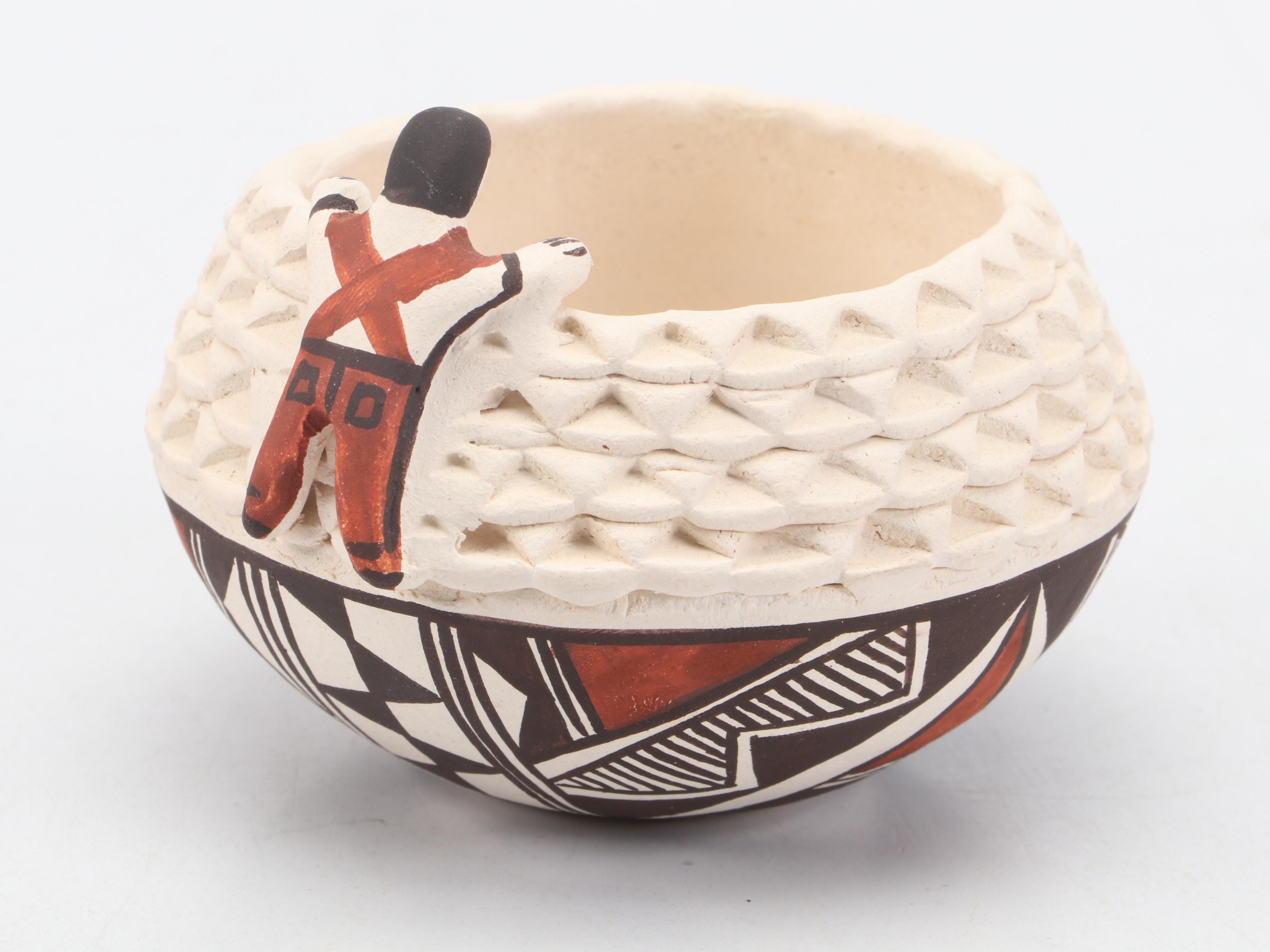 Signed Joyce Leno Acoma Pueblo Hand-Painted Pottery Vessel with Figure