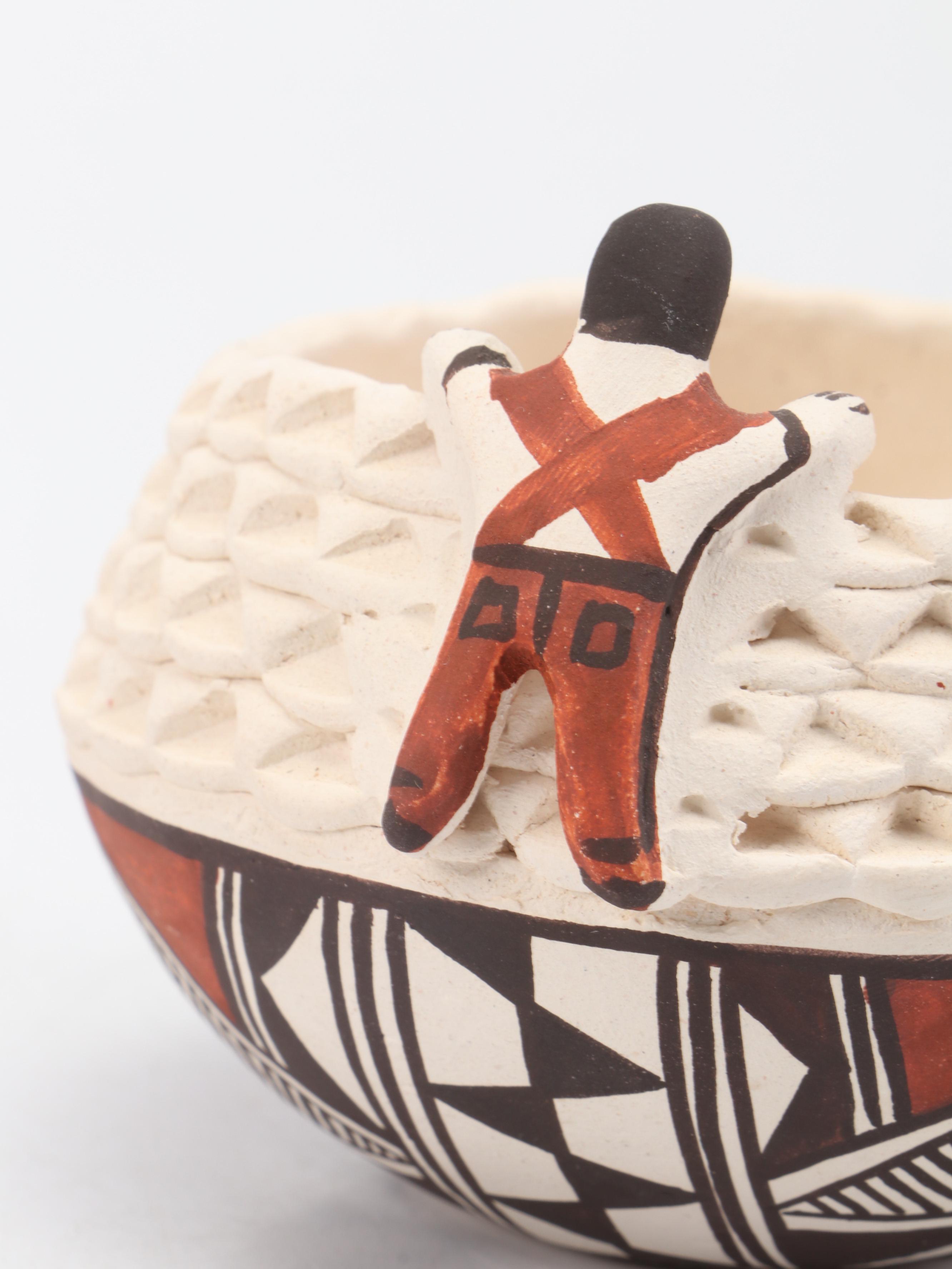 Signed Joyce Leno Acoma Pueblo Hand-Painted Pottery Vessel with Figure