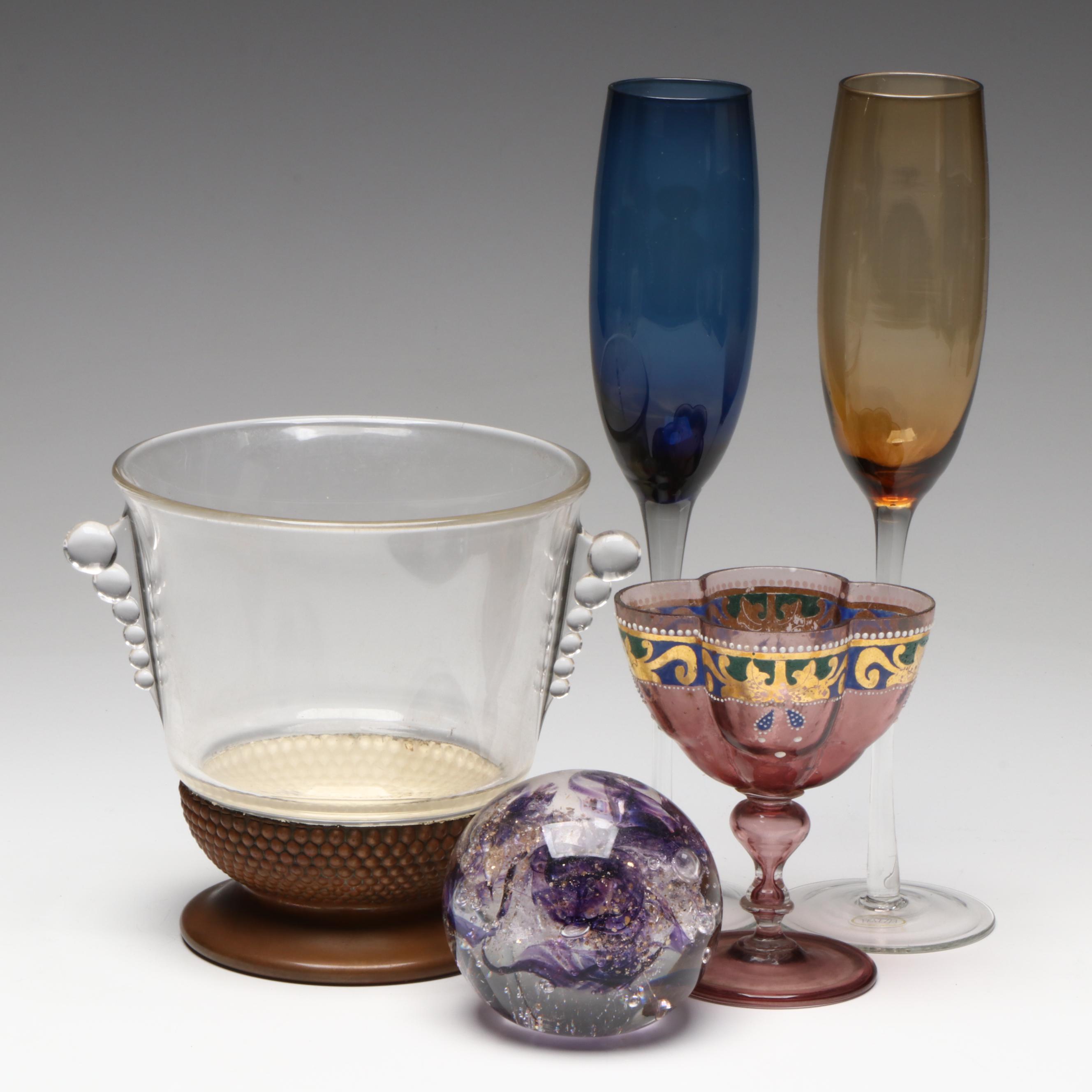 Bohemian Quatrefoil Enameled Amethyst Glass with Other Stemware and Decor