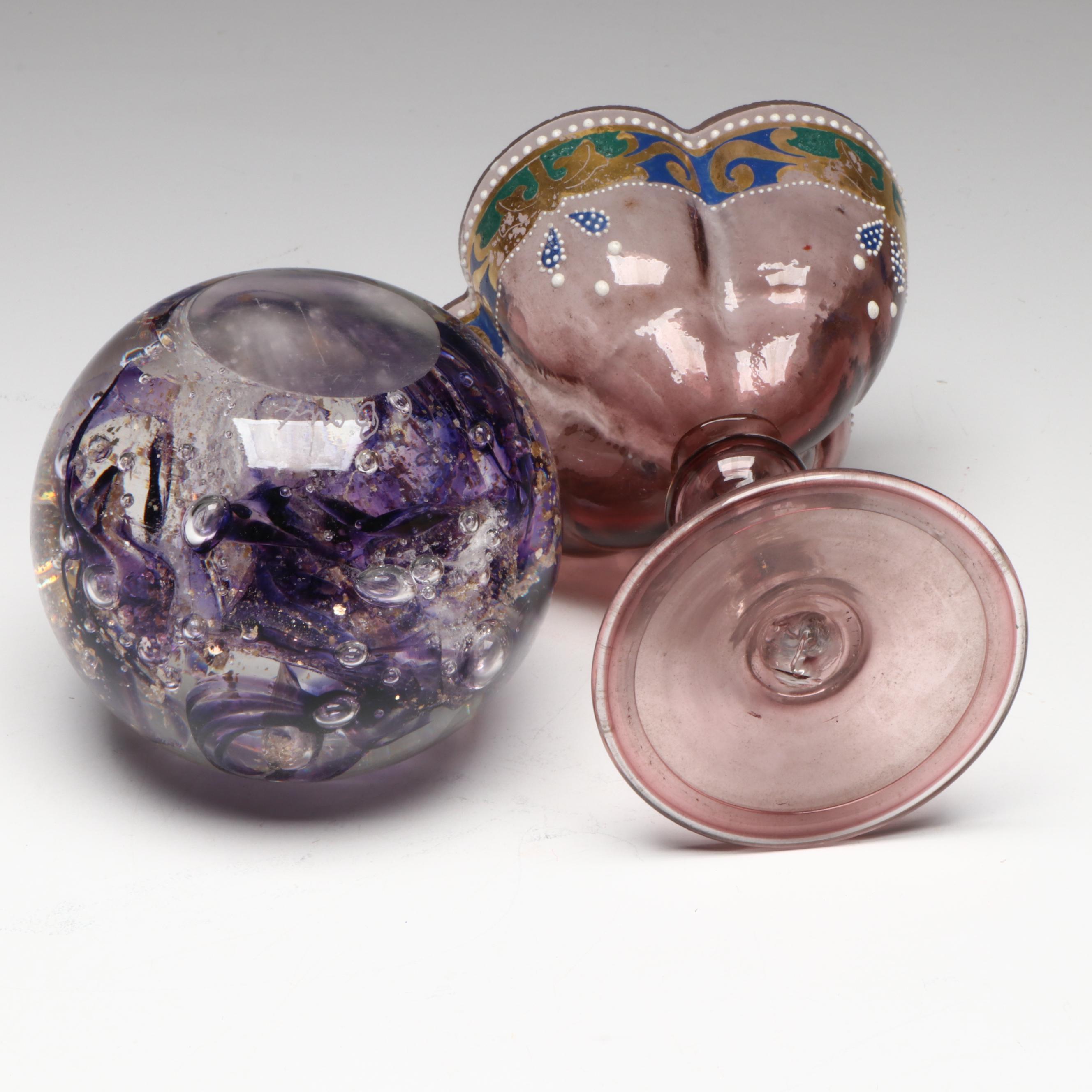 Bohemian Quatrefoil Enameled Amethyst Glass with Other Stemware and Decor