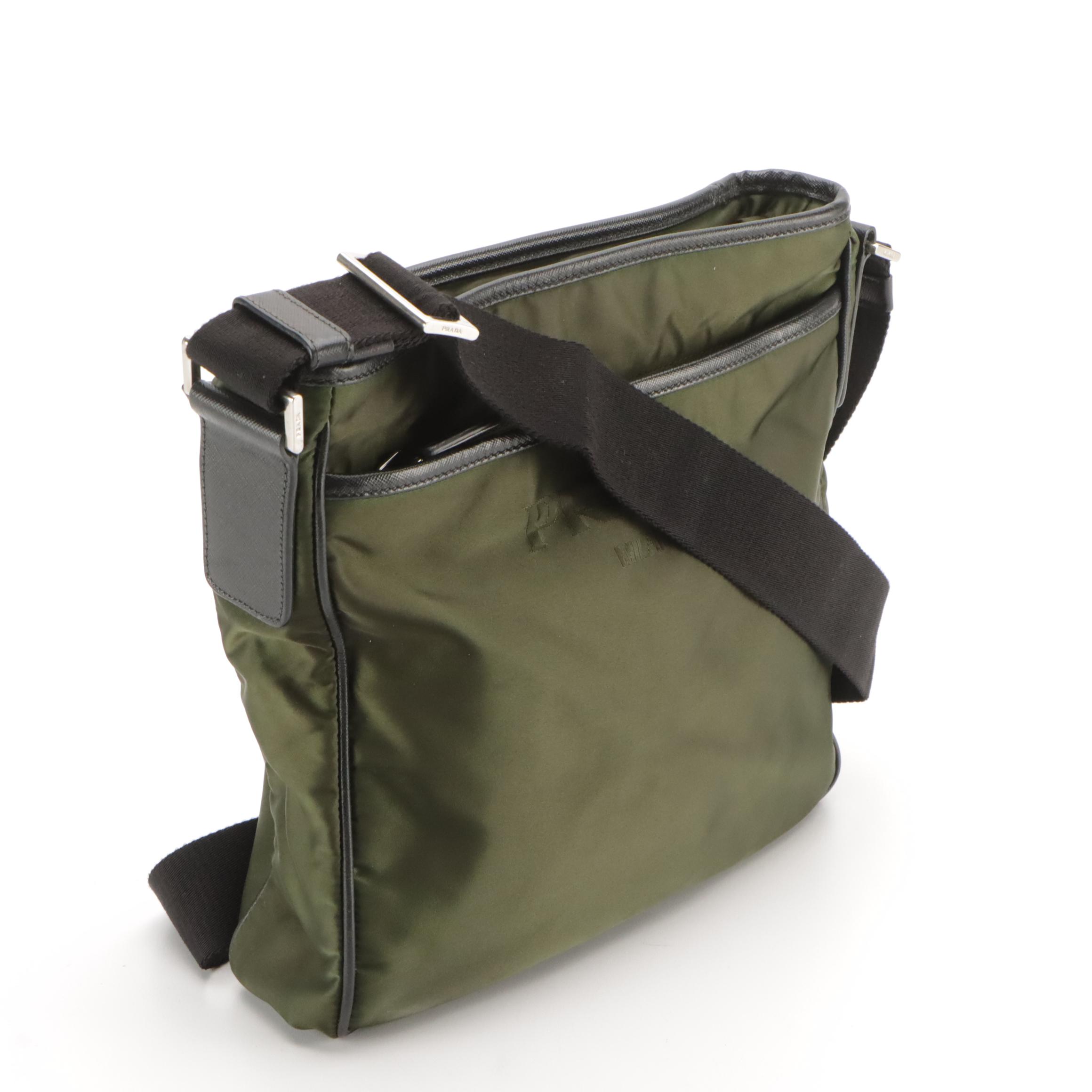 Prada Zippered Messenger Bag in Army Green Tessuto Nylon and Leather Trim