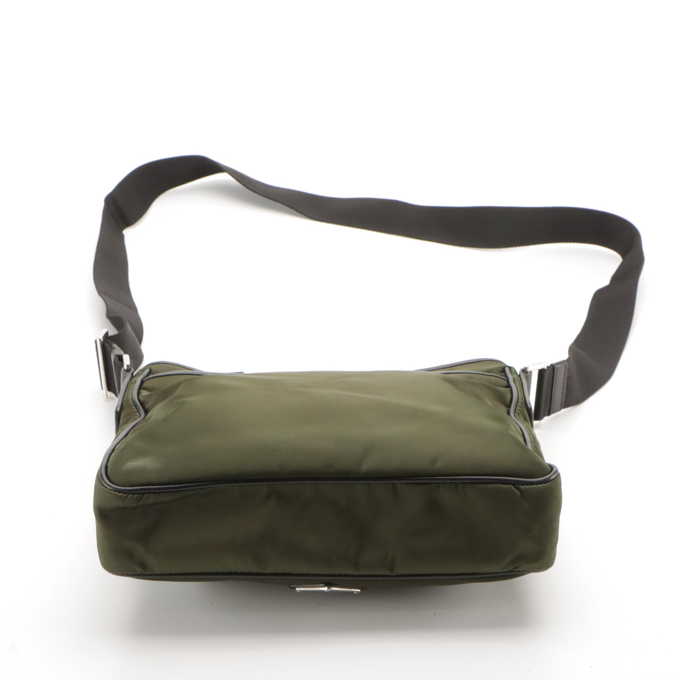 Prada Zippered Messenger Bag in Army Green Tessuto Nylon and Leather Trim