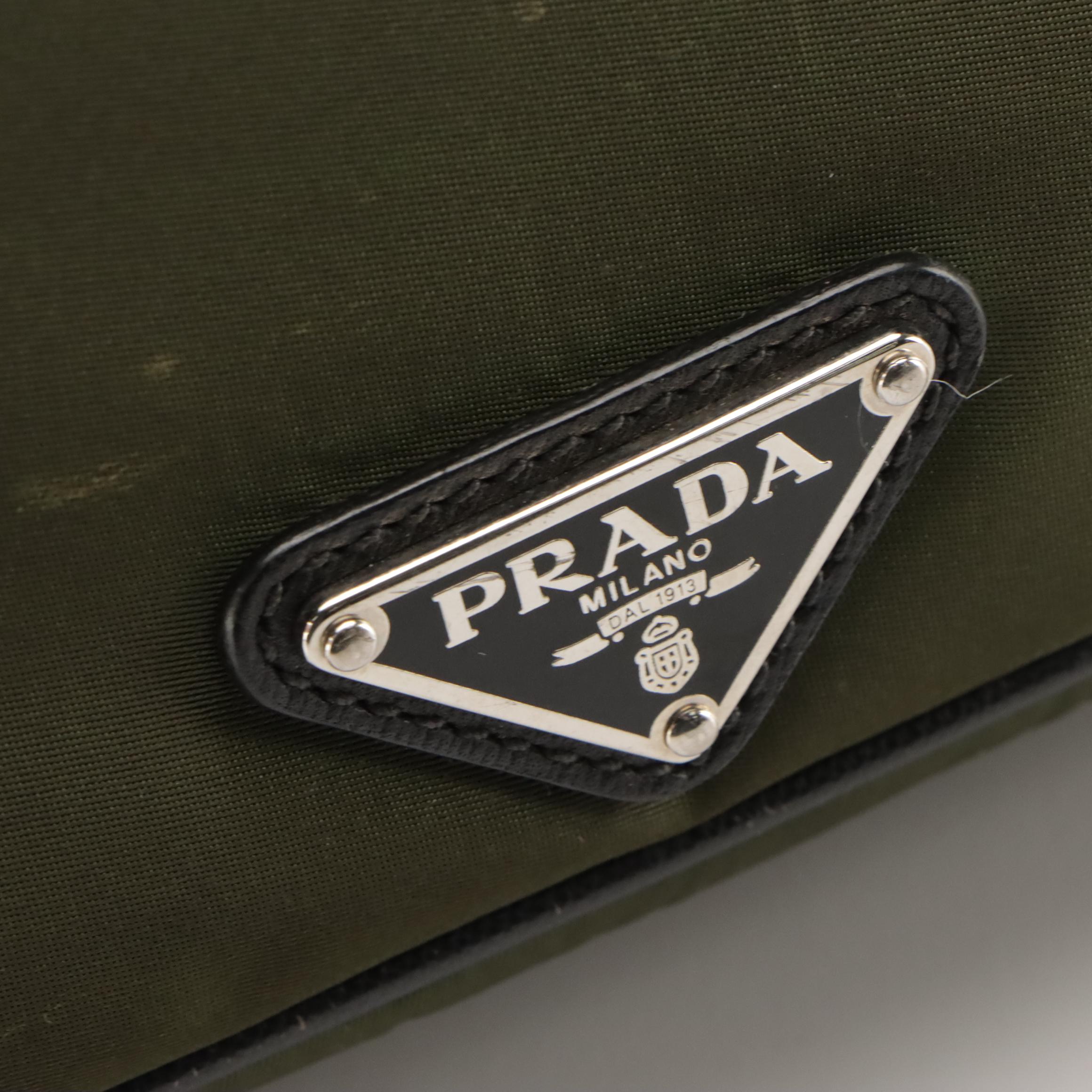 Prada Zippered Messenger Bag in Army Green Tessuto Nylon and Leather Trim