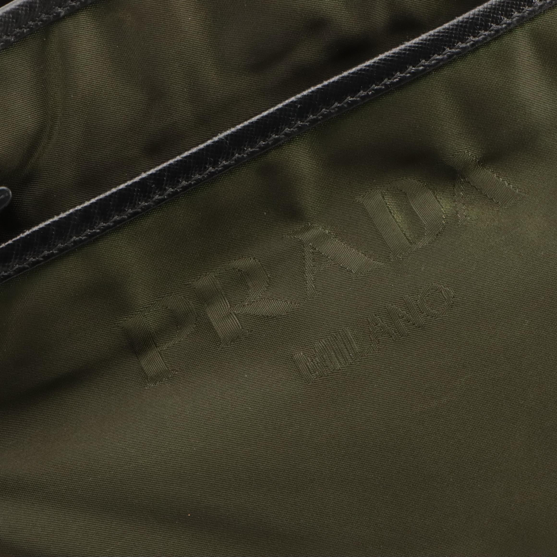 Prada Zippered Messenger Bag in Army Green Tessuto Nylon and Leather Trim