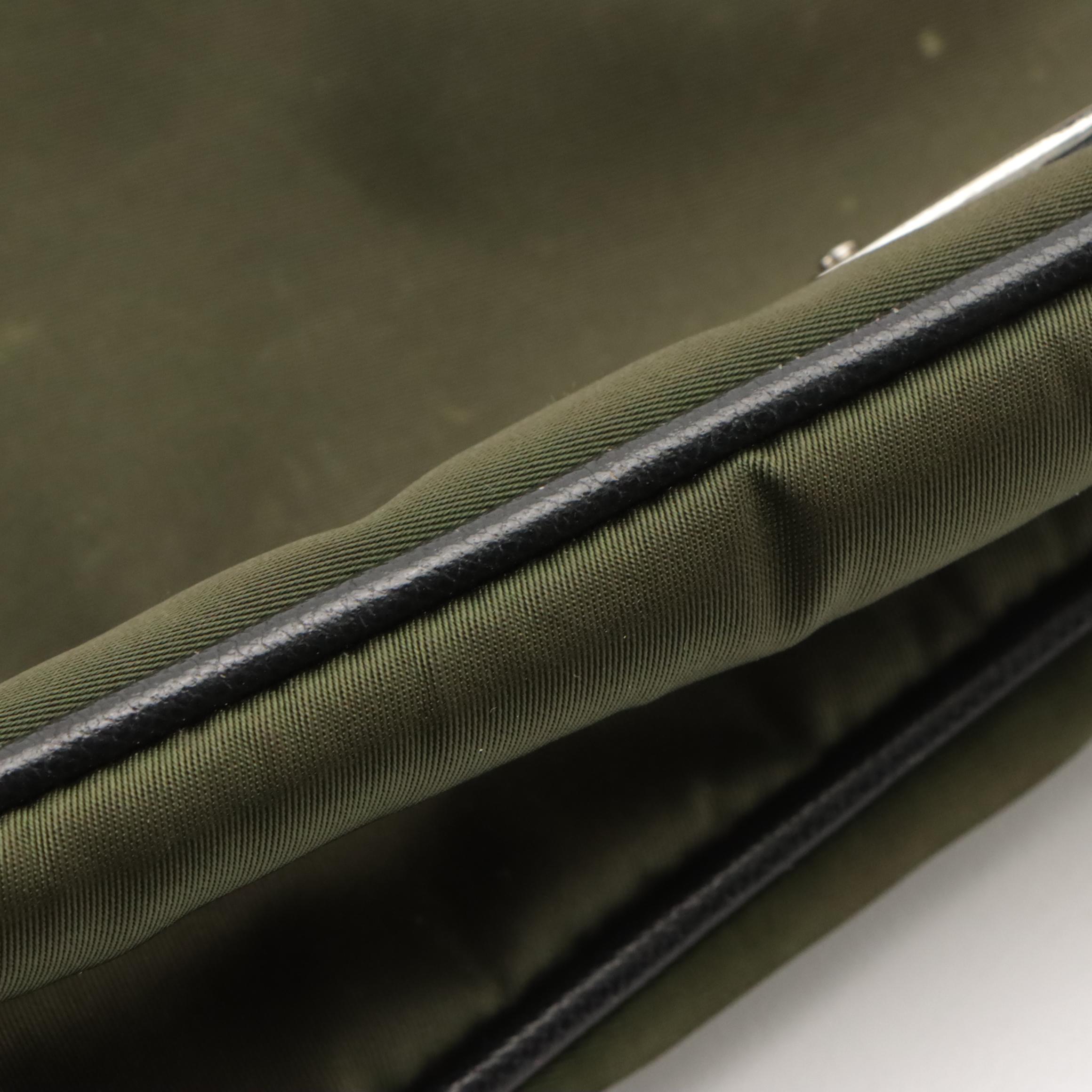 Prada Zippered Messenger Bag in Army Green Tessuto Nylon and Leather Trim