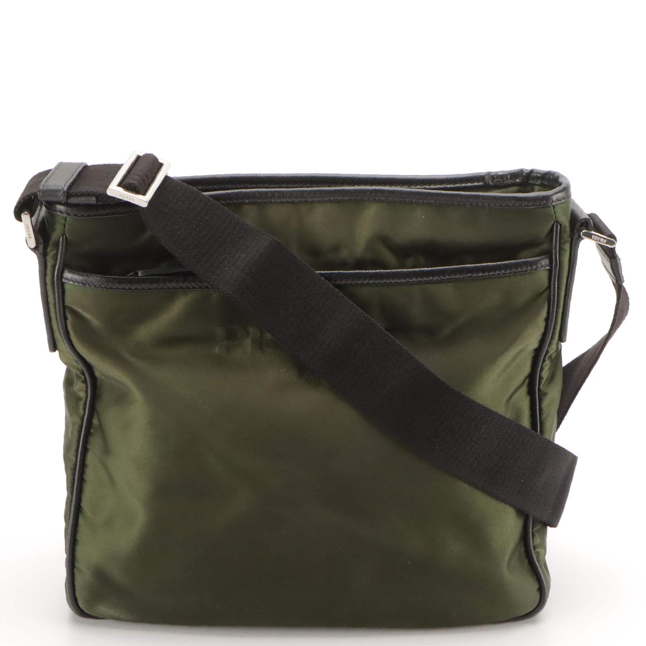 Prada Zippered Messenger Bag in Army Green Tessuto Nylon and Leather Trim