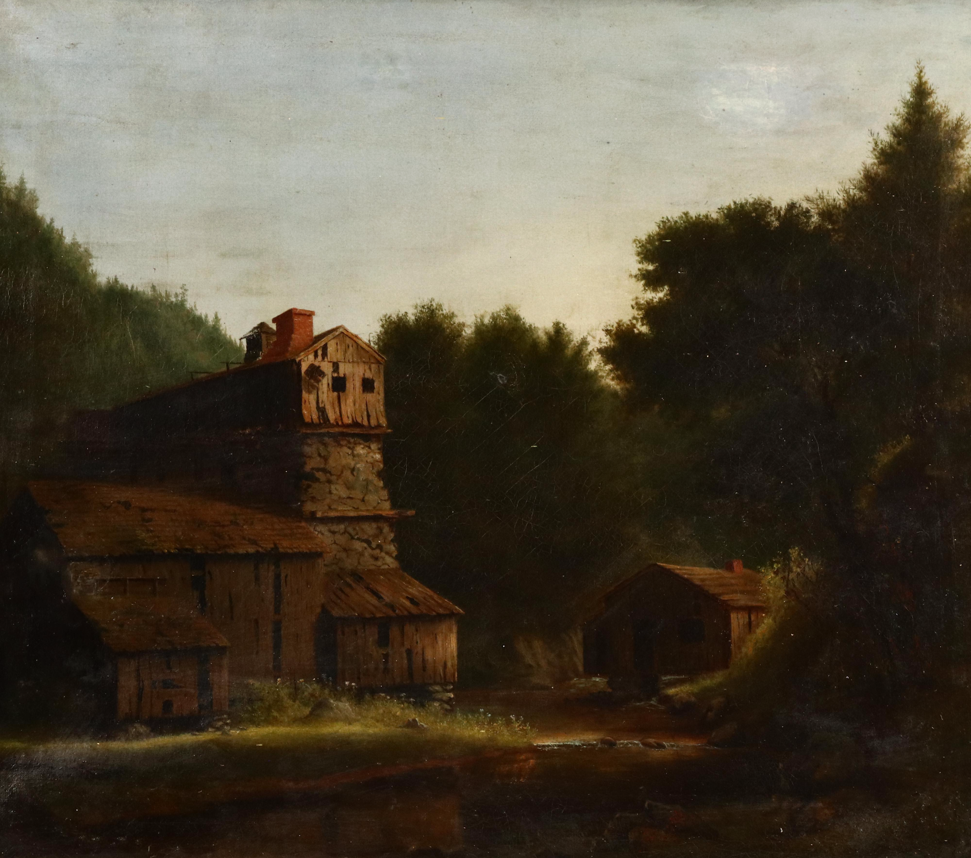 Oil Painting of Cabin in Wooded Landscape, 19th Century