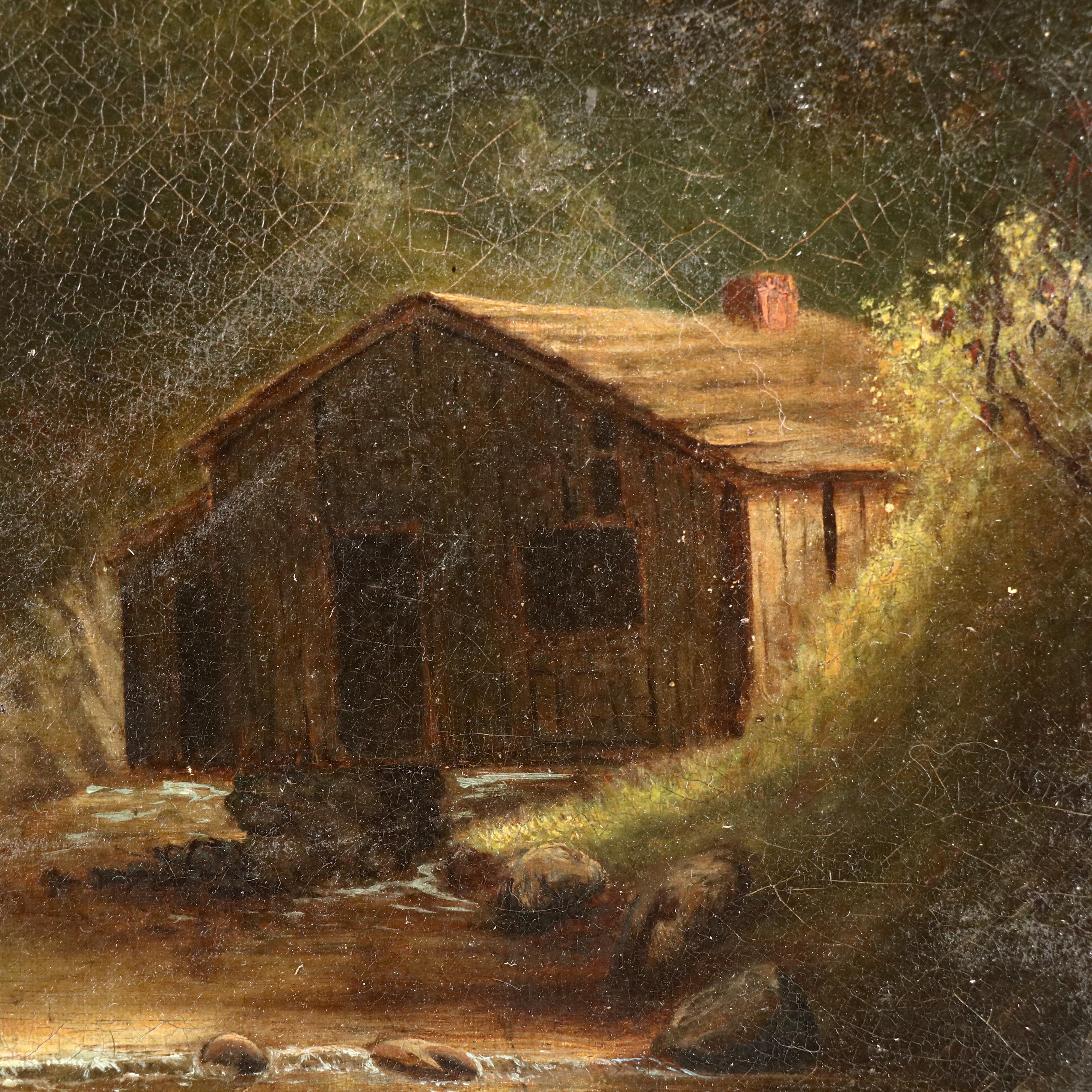 Oil Painting of Cabin in Wooded Landscape, 19th Century