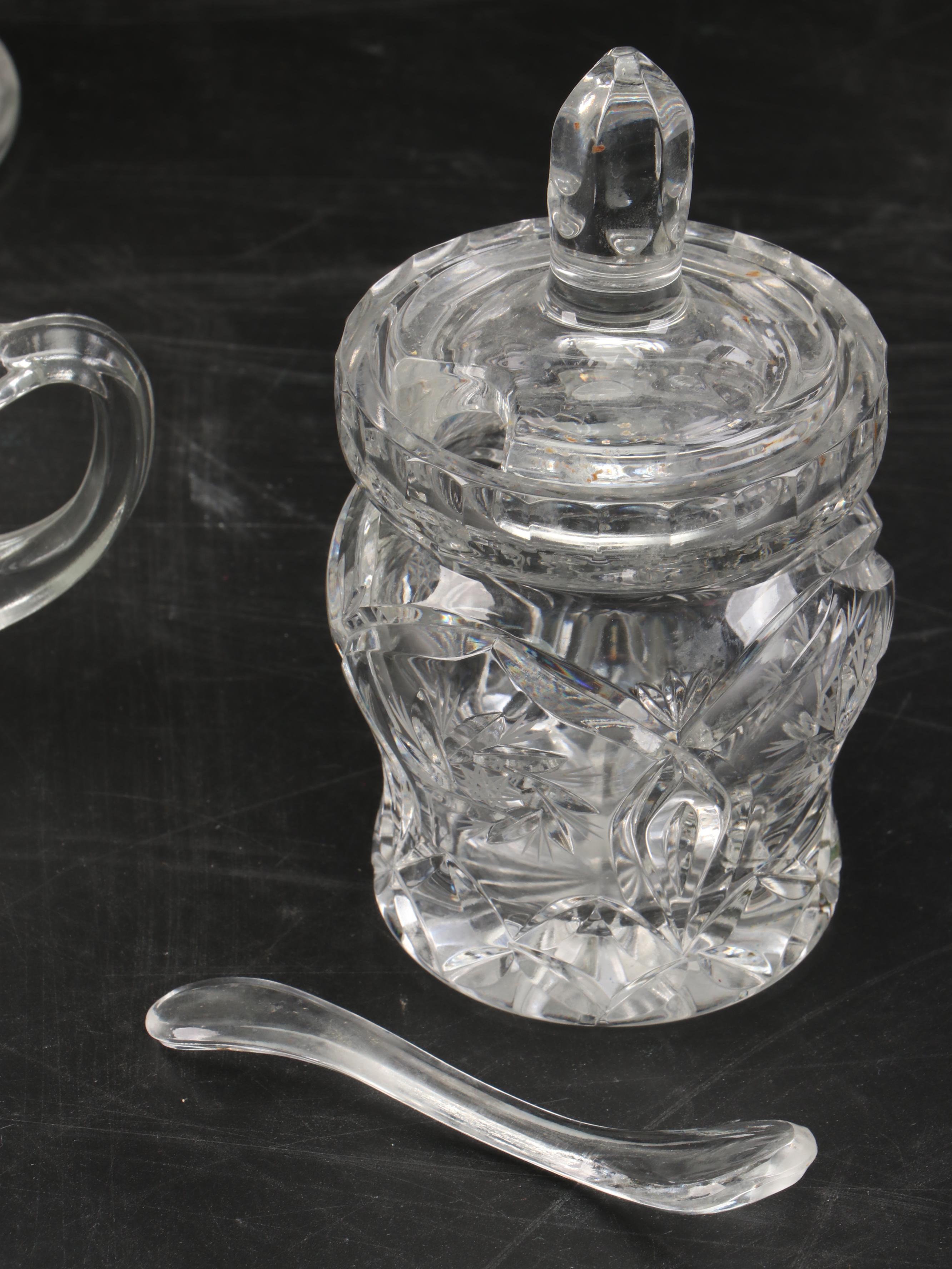 Polish Crystal Lidded Jar with Other Crystal and Glass Table Décor