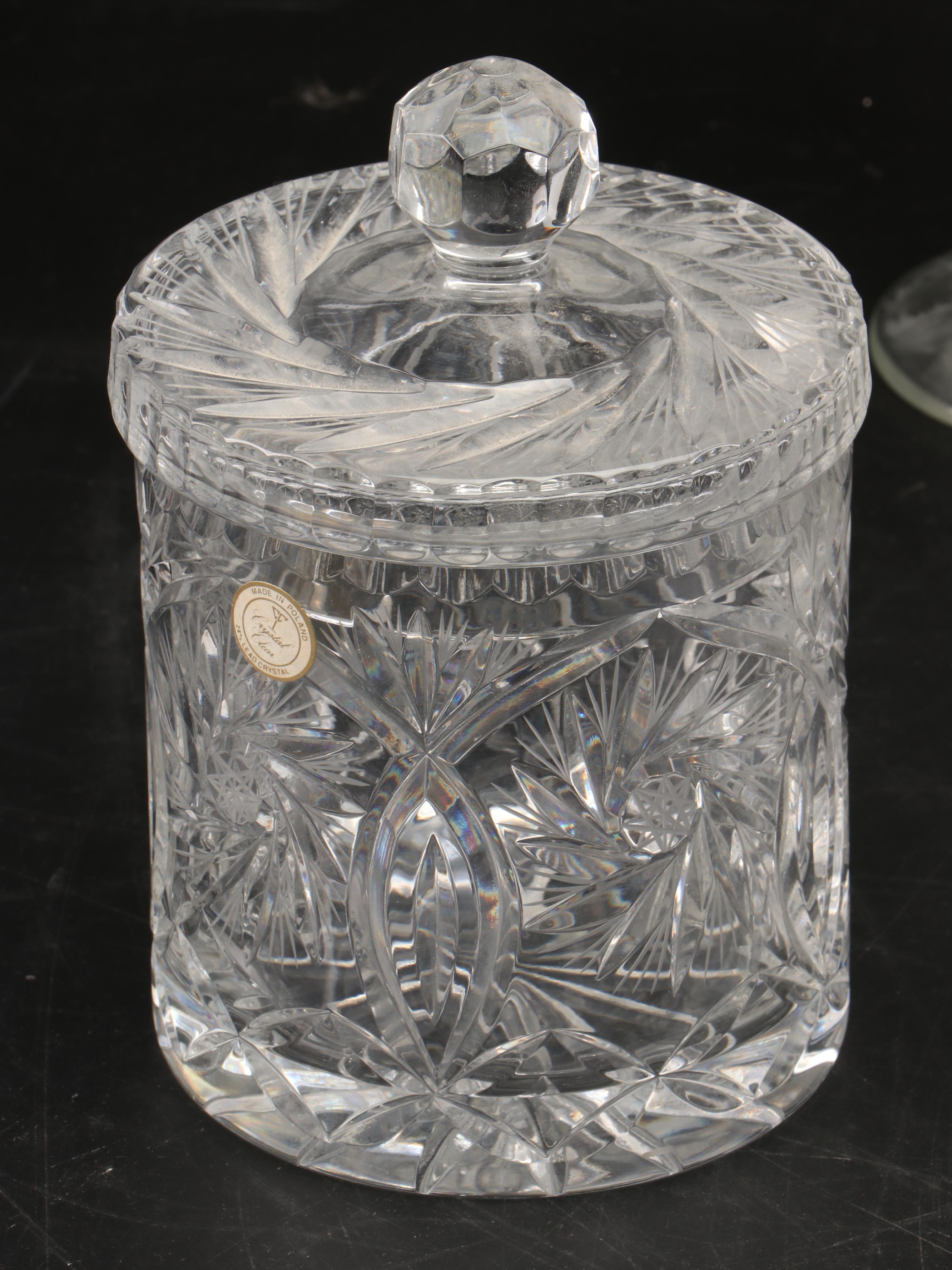Polish Crystal Lidded Jar with Other Crystal and Glass Table Décor
