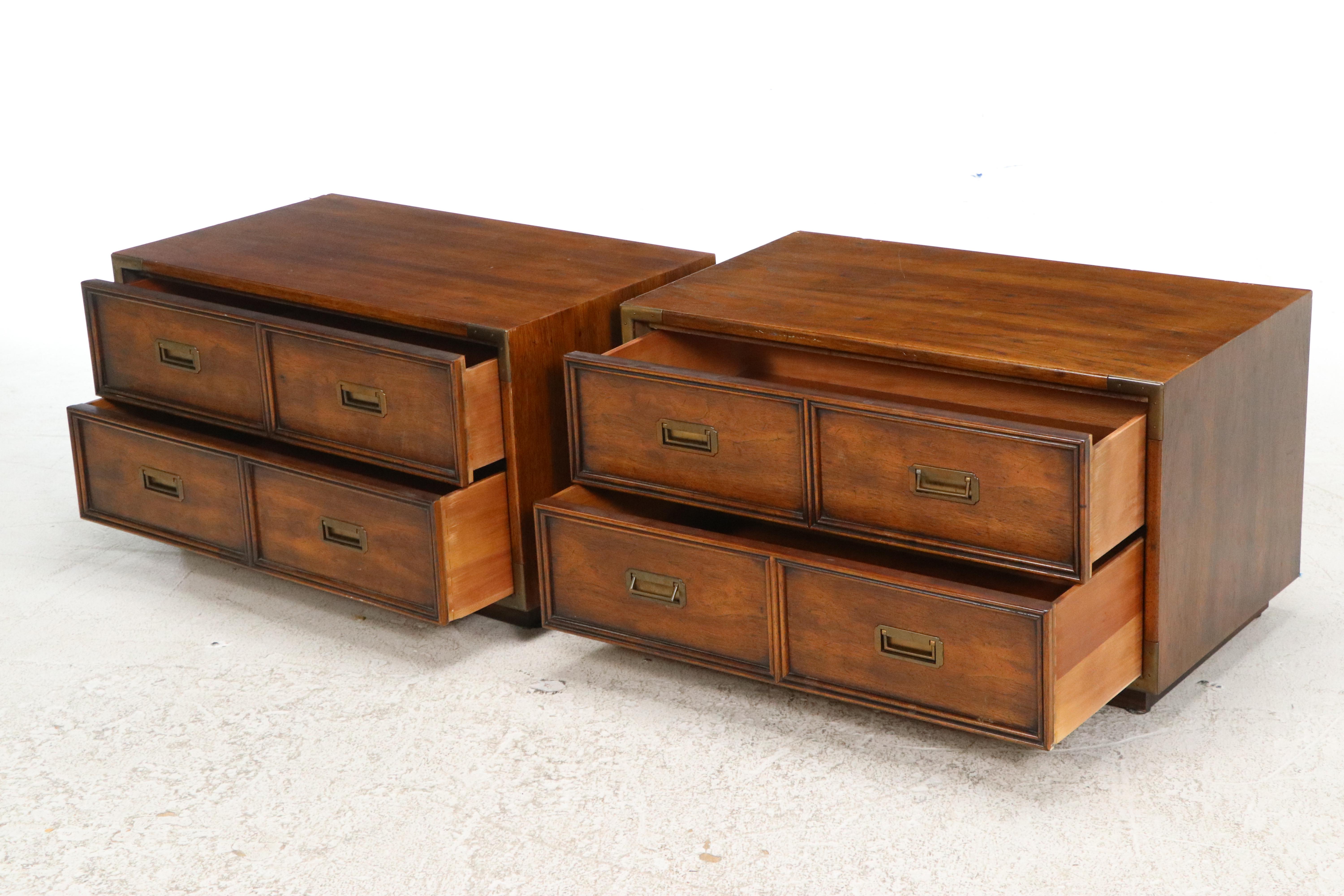 Henredon Furniture Campaign Style Walnut Two-Drawer Chests, Mid to Late 20th C.