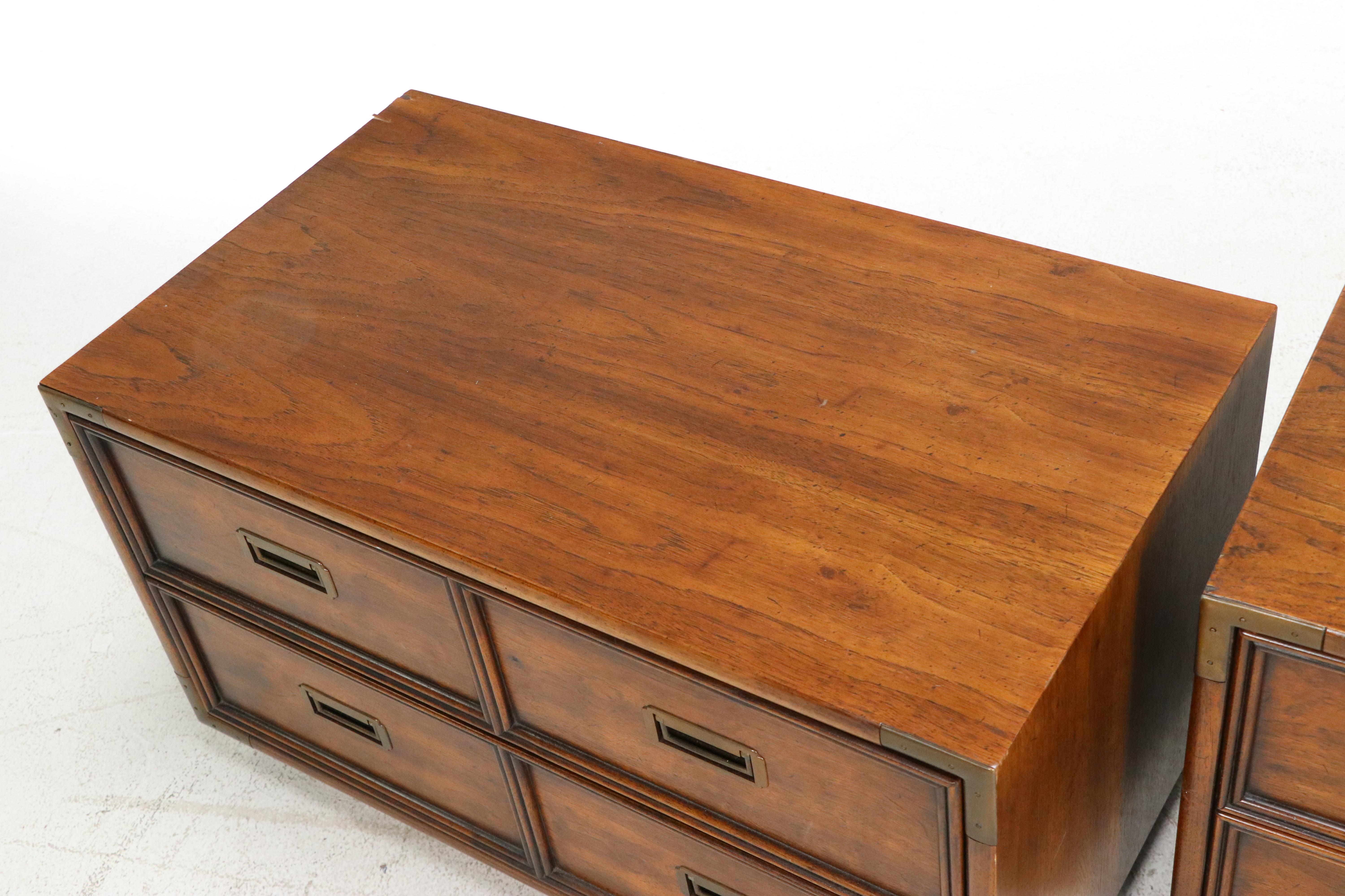 Henredon Furniture Campaign Style Walnut Two-Drawer Chests, Mid to Late 20th C.