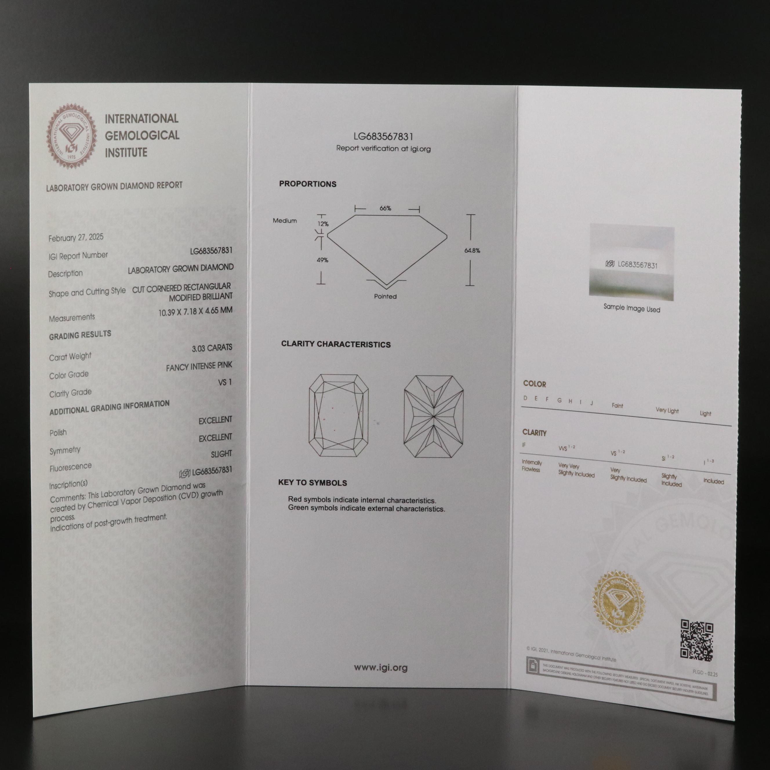 Loose 3.03 CT Lab Grown Fancy Pink Diamond with IGI Report