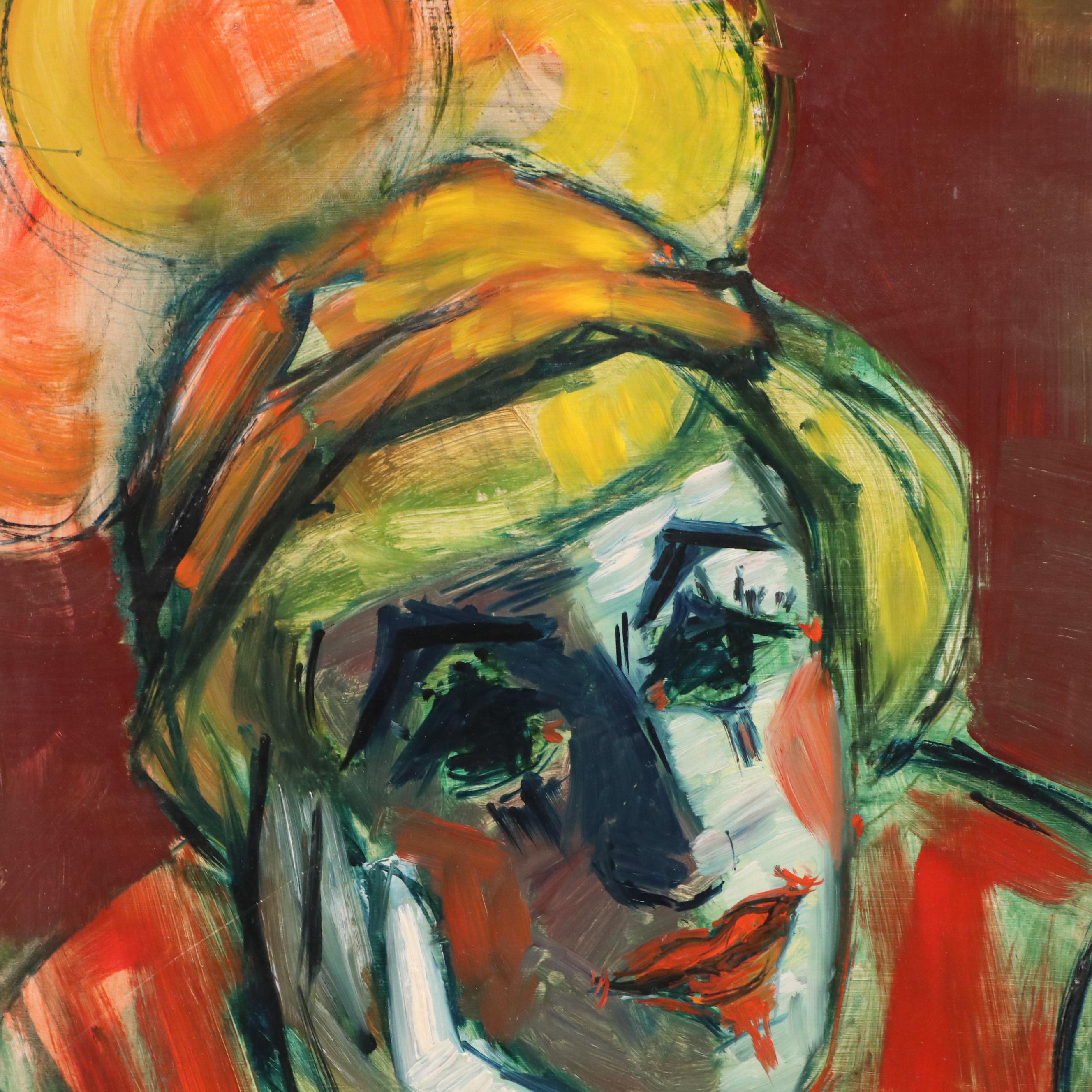 Eunice Katz Modernist Portrait Oil Painting of Clown, Mid to Late 20th Century